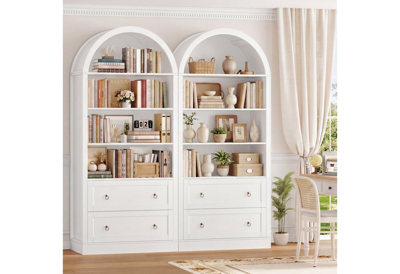 Homfa Bücherregal gewölbter Bücherschrank mit 2 Schubladen, Standregal mit 8 offenen Fächern Büroregal Holz 177x79,5x36cm Bild 4