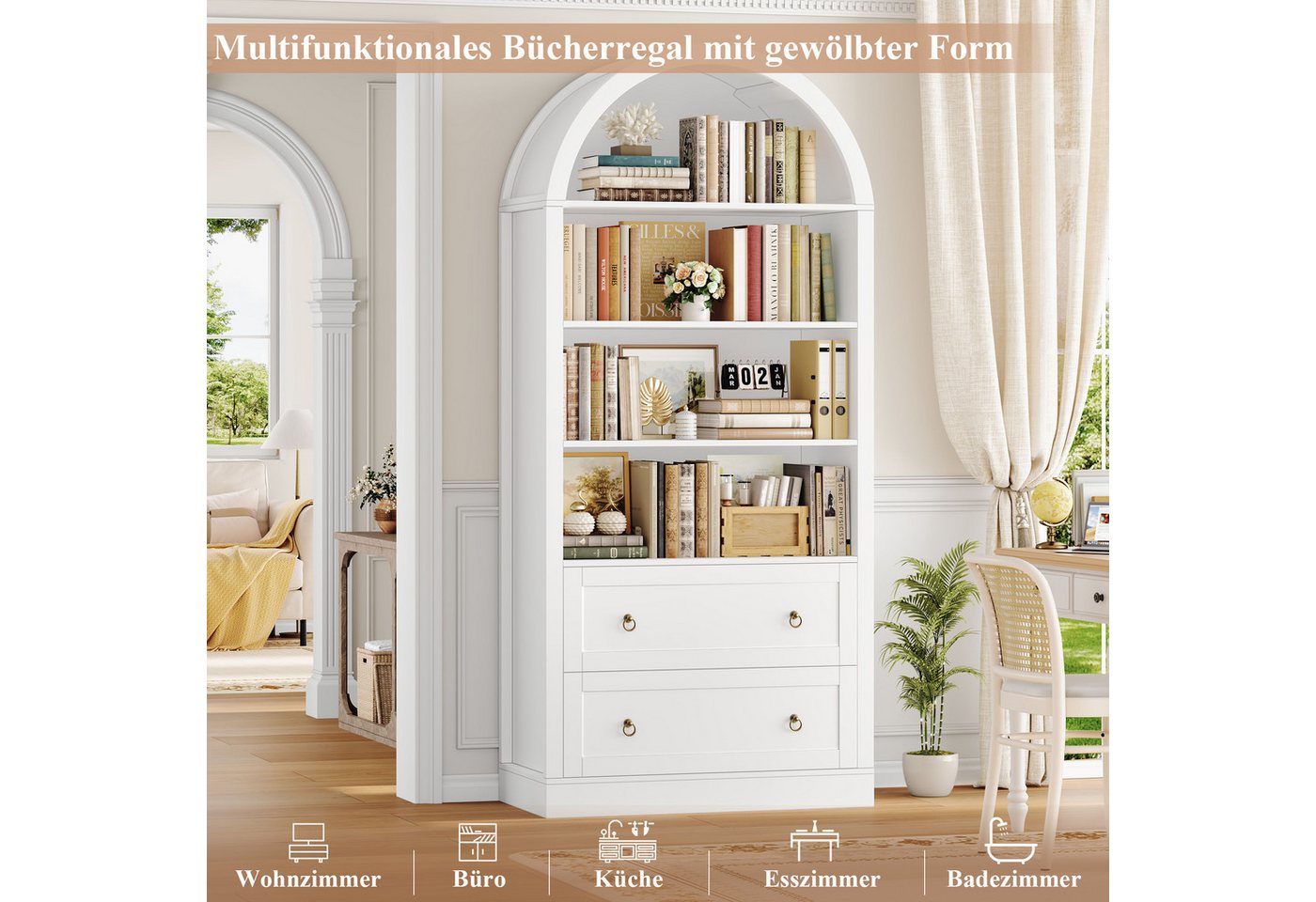 Homfa Bücherregal gewölbter Bücherschrank mit 2 Schubladen, Standregal mit 8 offenen Fächern Büroregal Holz 177x79,5x36cm Bild 5