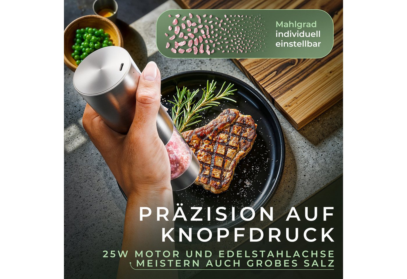 Waldwerk Salz-/Pfeffermühle Elektrische Salz- und Pfeffermühle (300 mAh Akku) mit Akazie-Halterung Akku, (2 Stück), Elektrische Mühle für Salz und Pfeffer