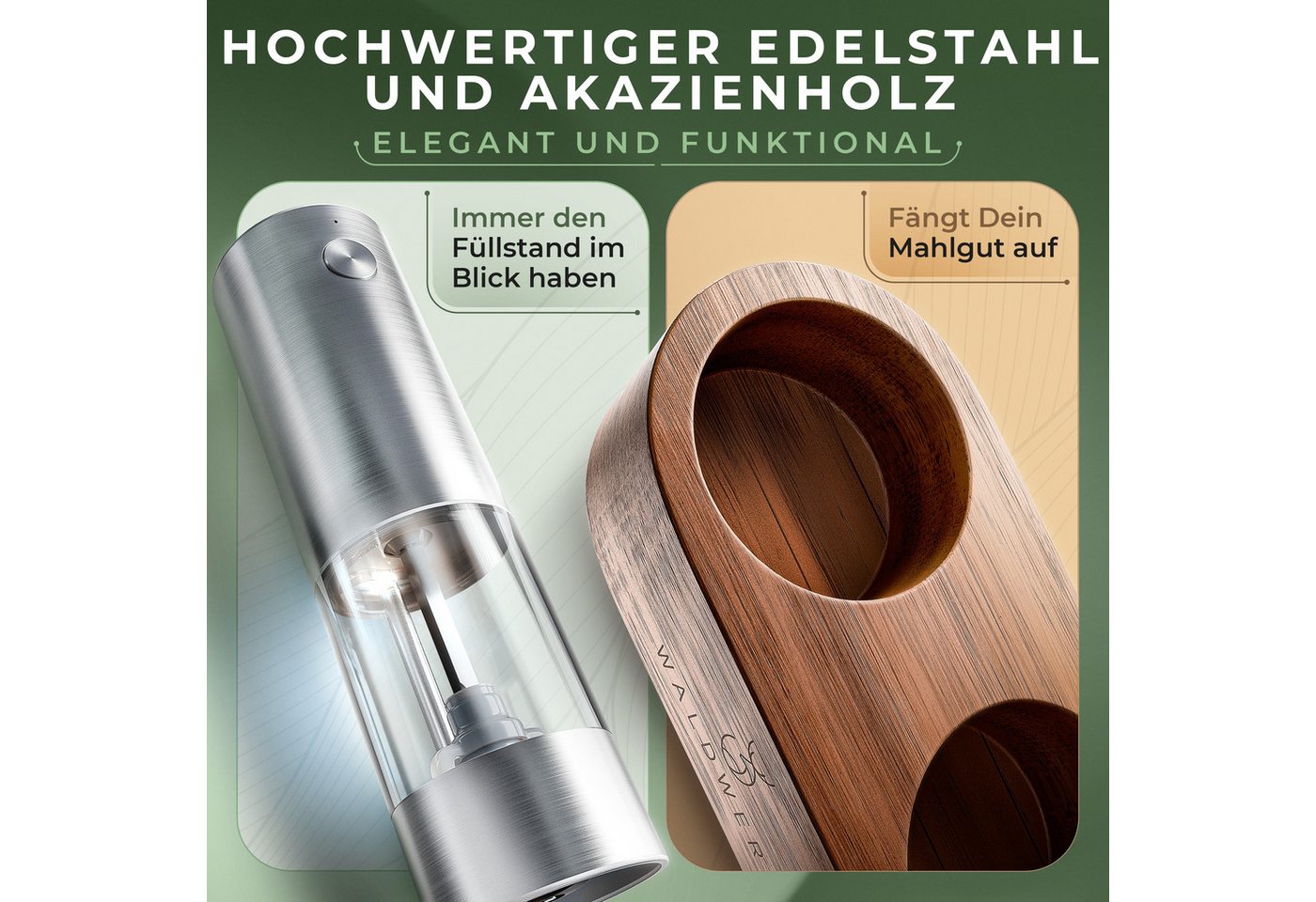 Waldwerk Salz-/Pfeffermühle Elektrische Salz- und Pfeffermühle (300 mAh Akku) mit Akazie-Halterung Akku, (2 Stück), Elektrische Mühle für Salz und Pfeffer Bild 4