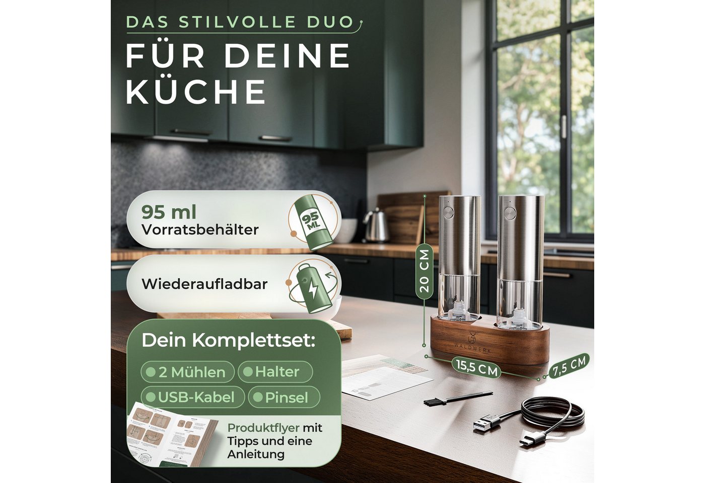 Waldwerk Salz-/Pfeffermühle Elektrische Salz- und Pfeffermühle (300 mAh Akku) mit Akazie-Halterung Akku, (2 Stück), Elektrische Mühle für Salz und Pfeffer Bild 5