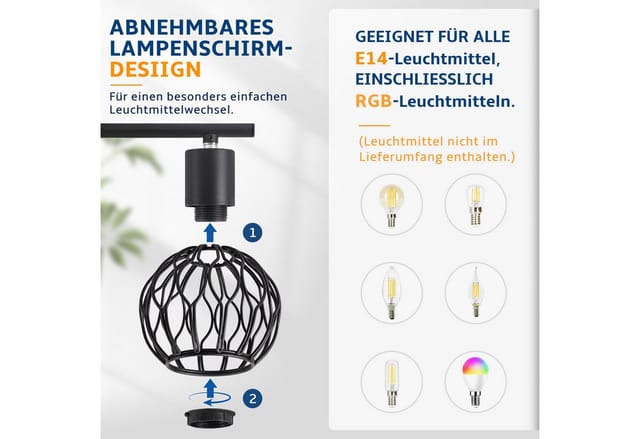 ZMH Deckenstrahler 3 Flammig Deckenlampe E14 Metall 350° Schwenkbar Wohnzimmer, Augenschutz, ohne Leuchtmittel, Innen Vintage Schwarz/Weiß Küchenlampe Deckenspot Flur