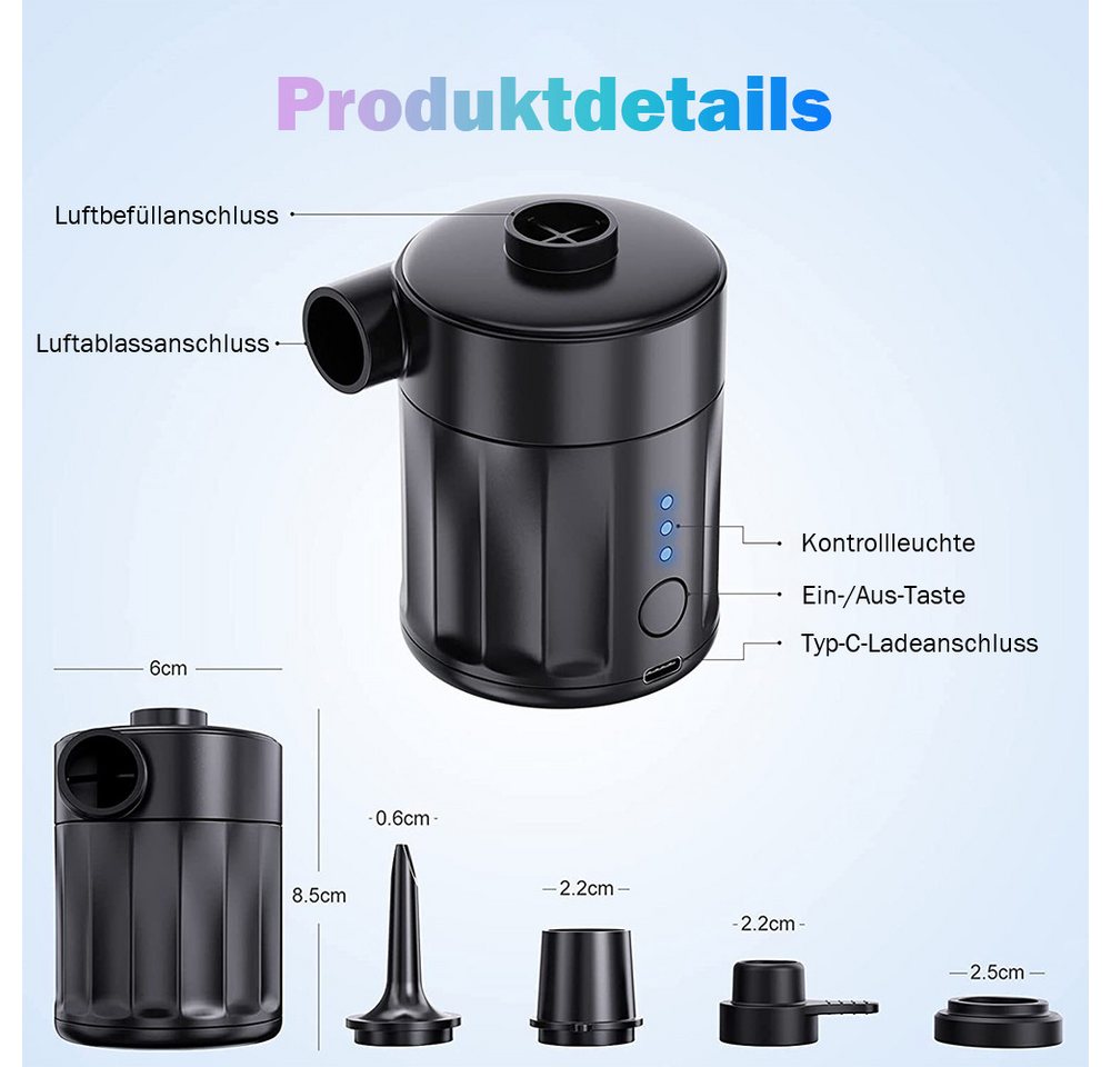 AFKSMILE Luftpumpe Elektrische Luftpumpe, 4000mAh Pumpe Akku mit 4 Düsen für Luftmatratze (1-tlg), 5000 Pa Akku Luftpumpe,450L/Min,Inflator Deflator Luftpumpe Elektrisch Bild 2
