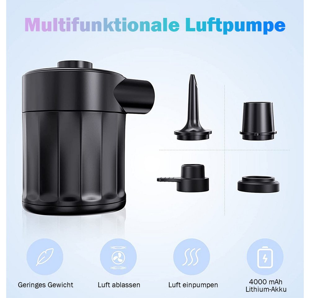 AFKSMILE Luftpumpe Elektrische Luftpumpe, 4000mAh Pumpe Akku mit 4 Düsen für Luftmatratze (1-tlg), 5000 Pa Akku Luftpumpe,450L/Min,Inflator Deflator Luftpumpe Elektrisch Bild 4
