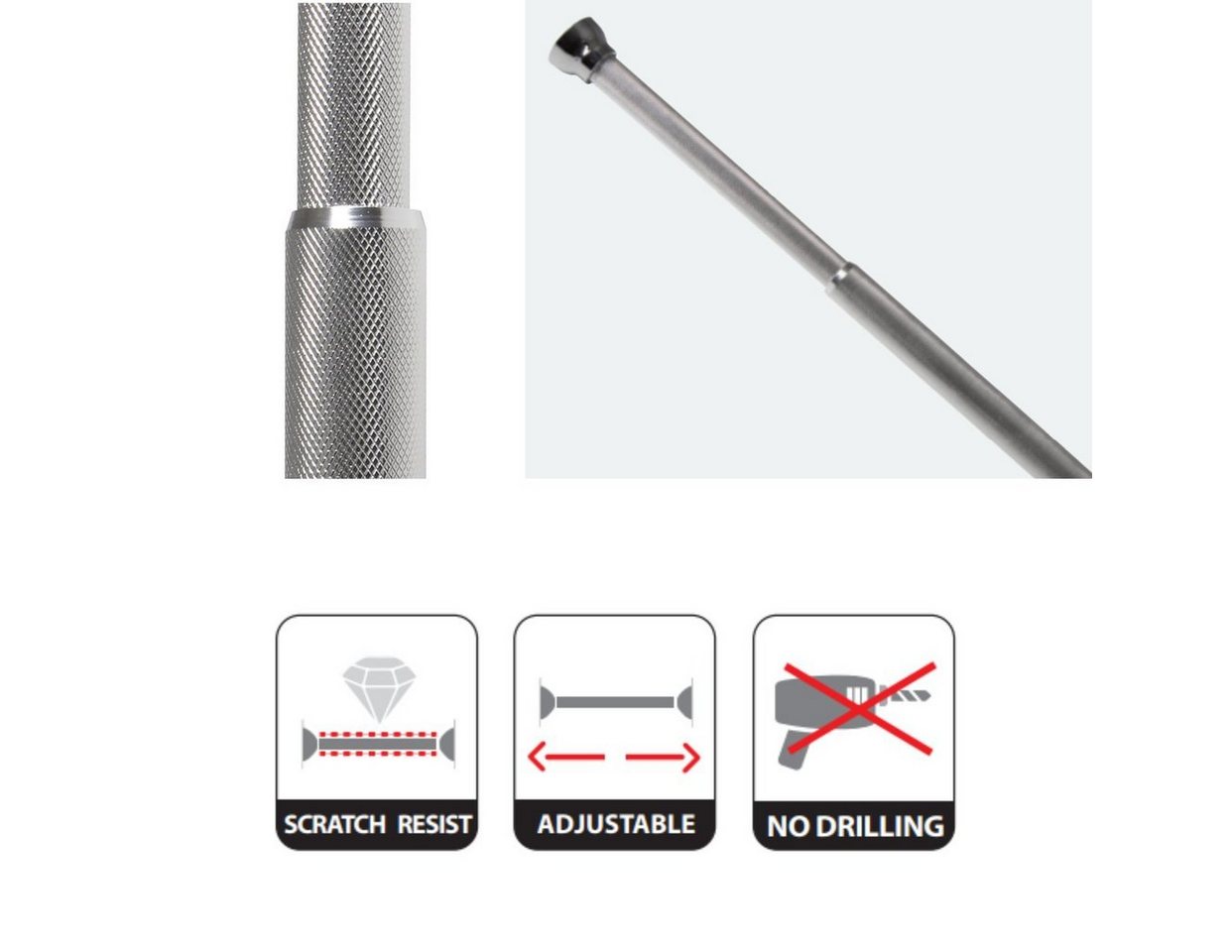 spirella Duschvorhangstange ARIK, ausdrehbar, geklemmt, zum Einspannen, stufenlos verstellbare Teleskopstange zum Einspannen, kein Bohren - Kratzfestes Aluminium, silber glänzend, Ø 25 mm, Verstellbereich 75 - 125 cm Bild 3