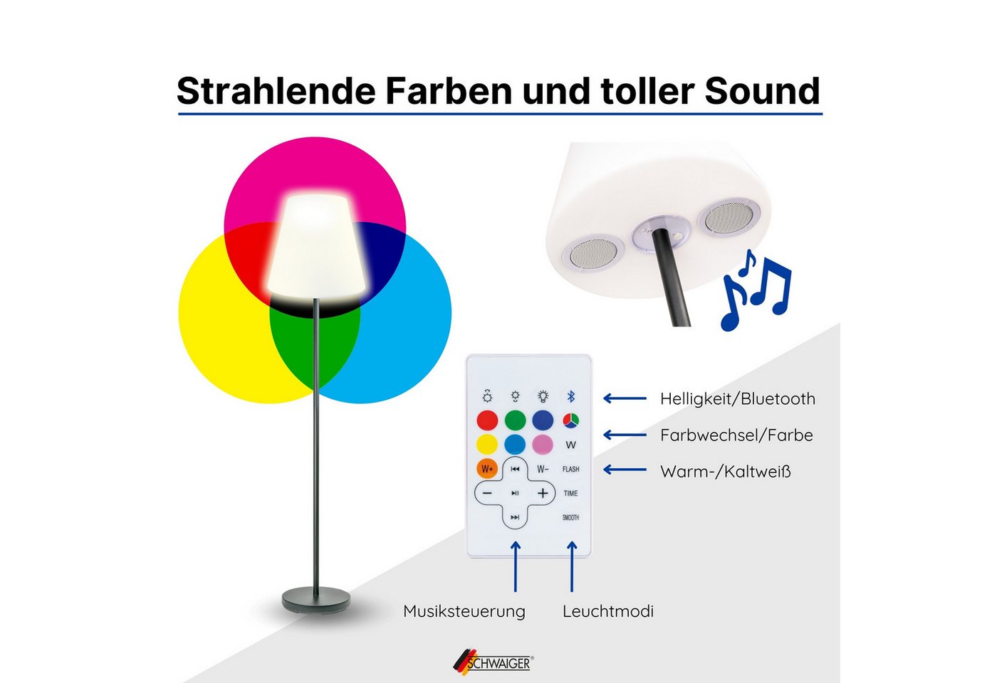 Schwaiger LED Außen-Stehlampe 661828, Fernbedienung zum Ein-/Ausschalten der Lampe, verschiedene Lichtmodi, Bluetooth Lautsprecher, LED, farbwechsel, integrierter Lautsprecher, Farbwechseleffekt, IP44 Bild 2