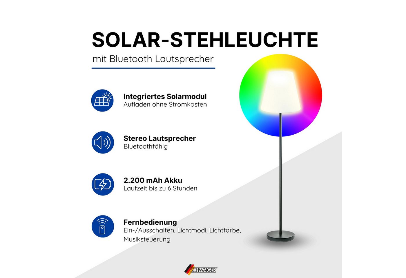 Schwaiger LED Außen-Stehlampe 661828, Fernbedienung zum Ein-/Ausschalten der Lampe, verschiedene Lichtmodi, Bluetooth Lautsprecher, LED, farbwechsel, integrierter Lautsprecher, Farbwechseleffekt, IP44 Bild 5