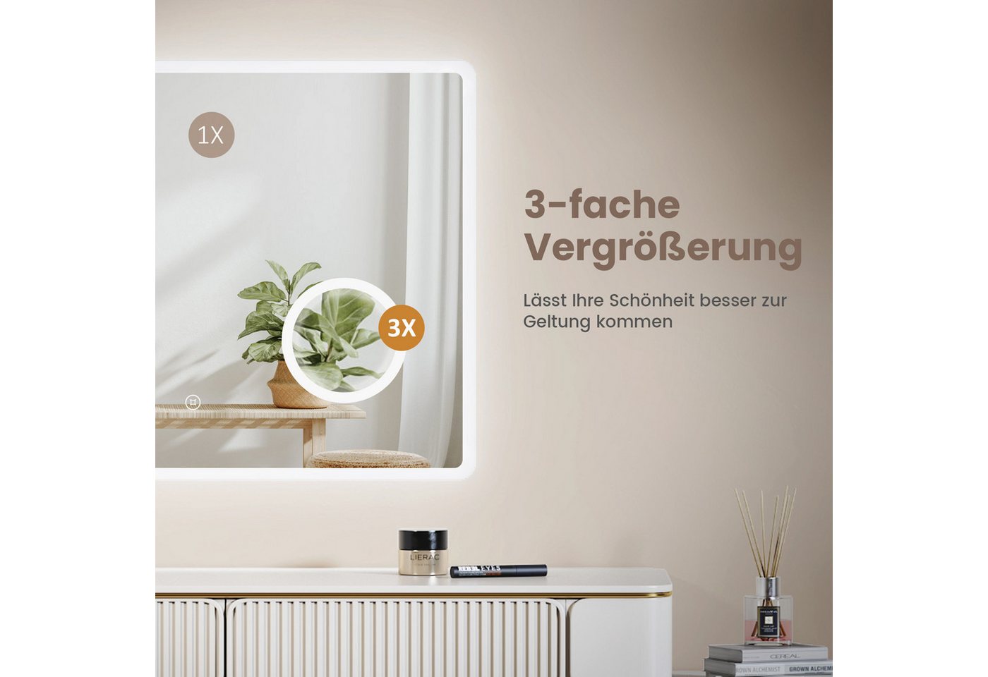 EMKE Badspiegel LED-Badspiegel mit 3-fach Kosmetikspiegel, 80–100 cm (Breite: 80~100cm, Touchschalter), 6500 K Kaltweiß, Antibeschlag, Digitaluhr, Touch, IP44 80 × 60 cm Bild 2