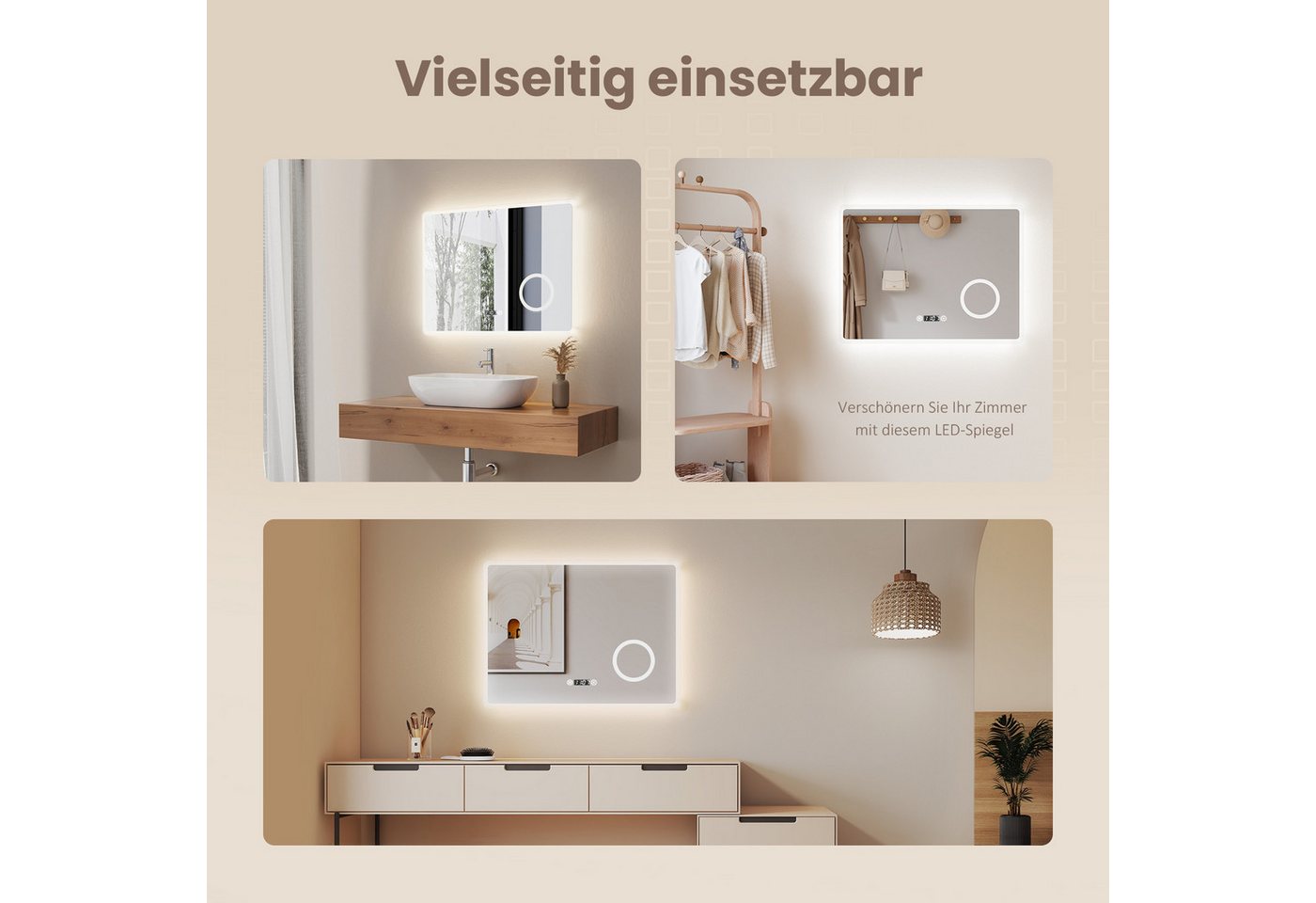 EMKE Badspiegel LED-Badspiegel mit 3-fach Kosmetikspiegel, 80–100 cm (Breite: 80~100cm, Touchschalter), 6500 K Kaltweiß, Antibeschlag, Digitaluhr, Touch, IP44 80 × 60 cm Bild 3