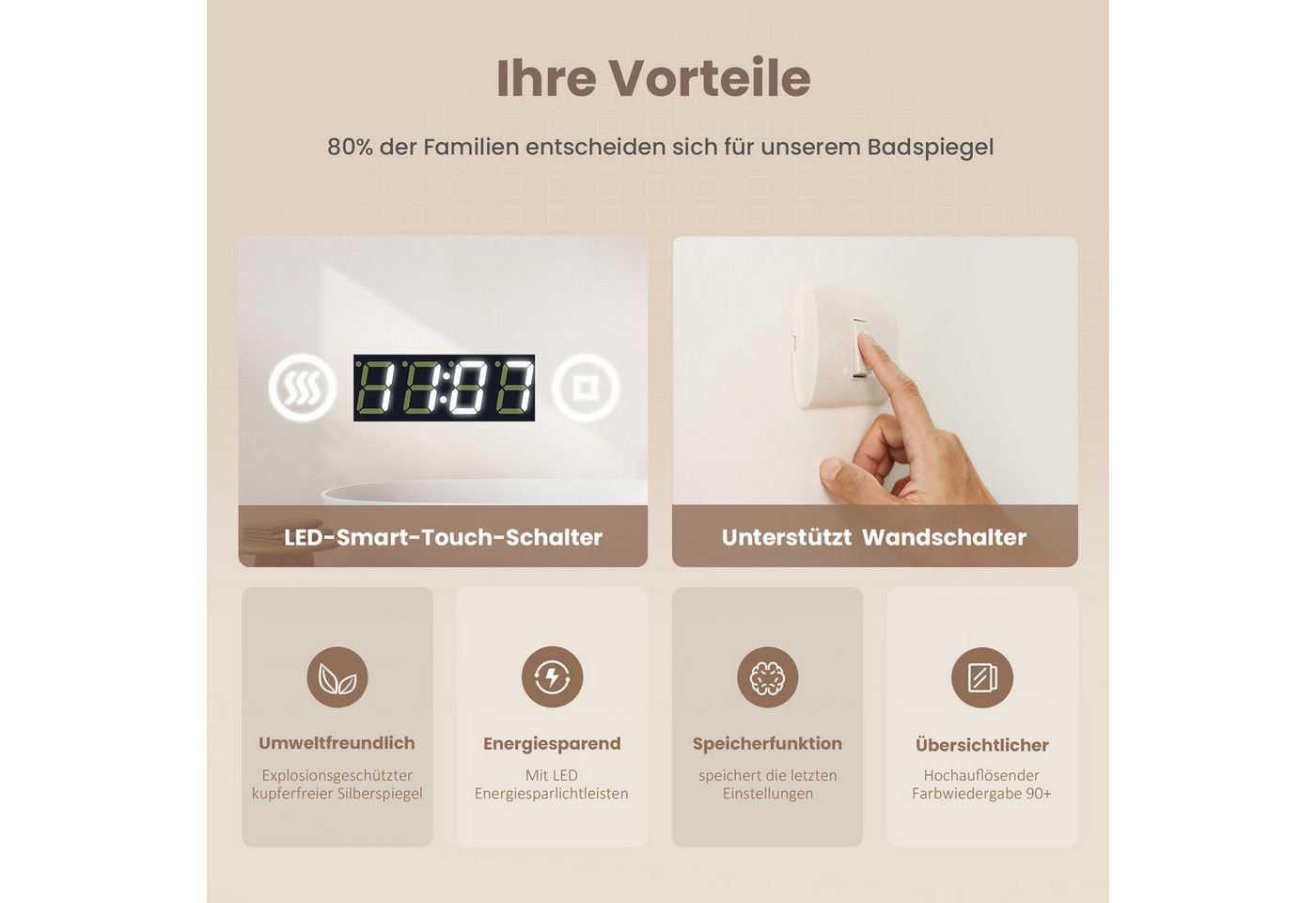 EMKE Badspiegel LED-Badspiegel mit 3-fach Kosmetikspiegel, 80–100 cm (Breite: 80~100cm, Touchschalter), 6500 K Kaltweiß, Antibeschlag, Digitaluhr, Touch, IP44 80 × 60 cm Bild 5