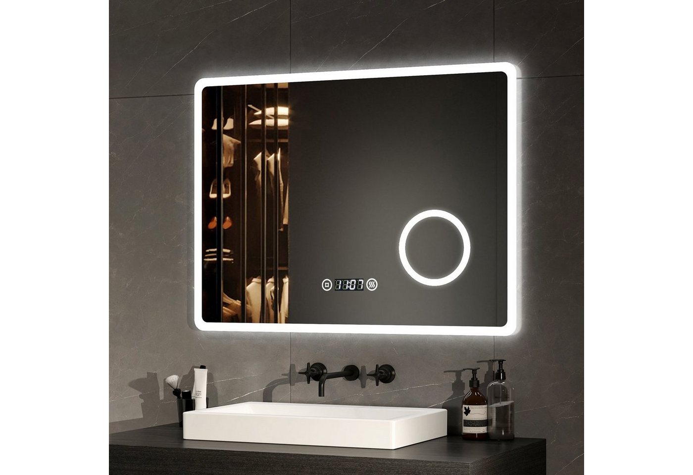 EMKE Badspiegel LED-Badspiegel mit 3-fach Kosmetikspiegel, 80–100 cm (Breite: 80~100cm, Touchschalter), 3 Lichtfarben, dimmbar, Antibeschlag, Uhr, Touch, IP44 80 × 60 cm