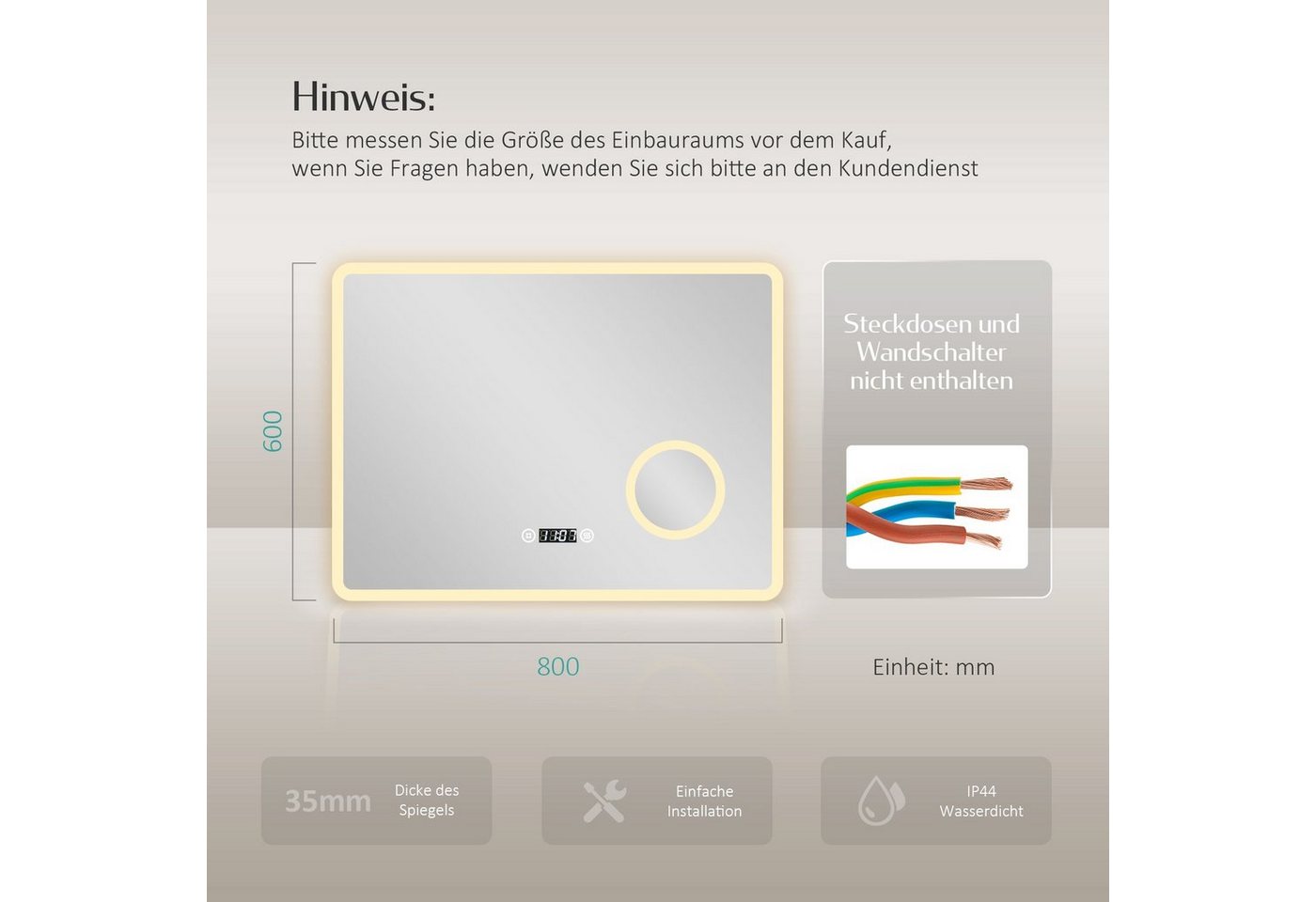 EMKE Badspiegel LED-Badspiegel mit 3-fach Kosmetikspiegel, 80–100 cm (Breite: 80~100cm, Touchschalter), 3 Lichtfarben, dimmbar, Antibeschlag, Uhr, Touch, IP44 80 × 60 cm Bild 2