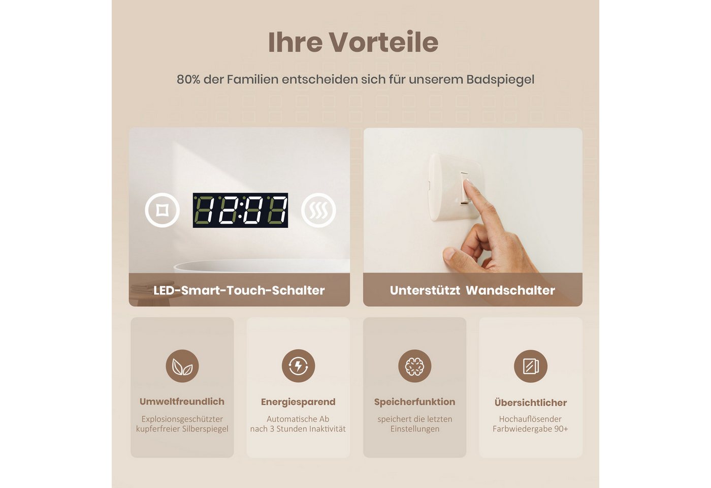 EMKE Badspiegel LED-Badspiegel mit 3-fach Kosmetikspiegel, 80–100 cm (Breite: 80~100cm, Touchschalter), 3 Lichtfarben, dimmbar, Antibeschlag, Uhr, Touch, IP44 80 × 60 cm Bild 5