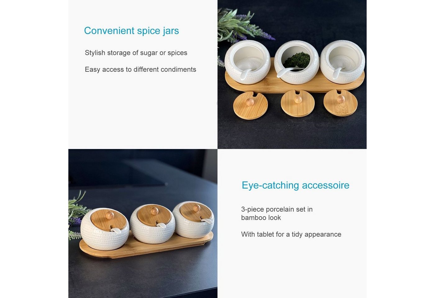 Intirilife Gewürzboard, 10-tlg., 3er Set Gewürzdosen Zuckerdose Porzellanmit Deckel und Löffel Bild 2