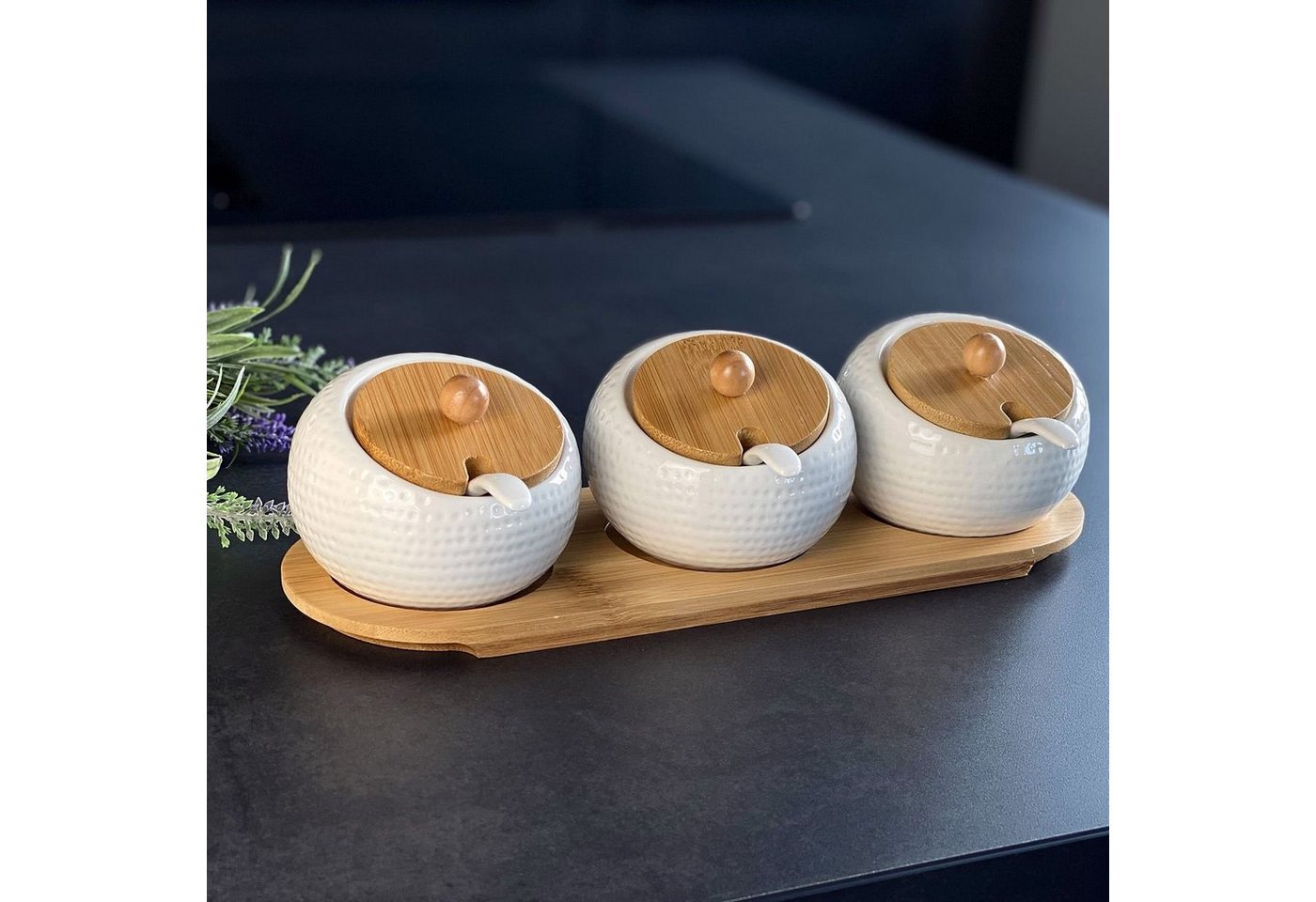 Intirilife Gewürzboard, 10-tlg., 3er Set Gewürzdosen Zuckerdose Porzellanmit Deckel und Löffel Bild 5