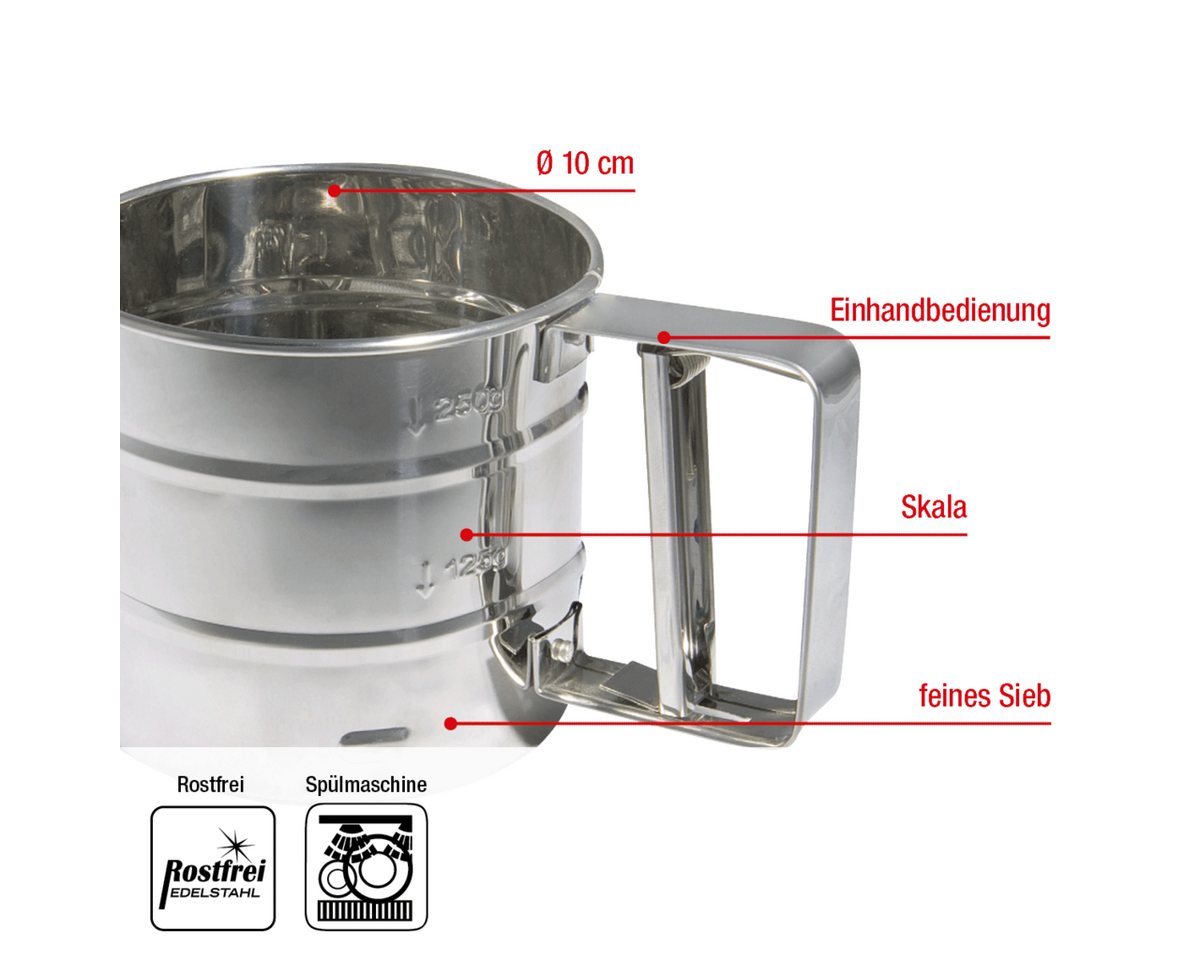 EUROHOME Küchensieb Einhand Mehlsieb aus rostfreiem Edelstahl - Backsieb, Edelstahl, (1-St., Küchensieb Durchmesser 10 cm & Höhe 9 cm), Sieb mit Skala - Backsieb spülmaschinenfest Bild 4