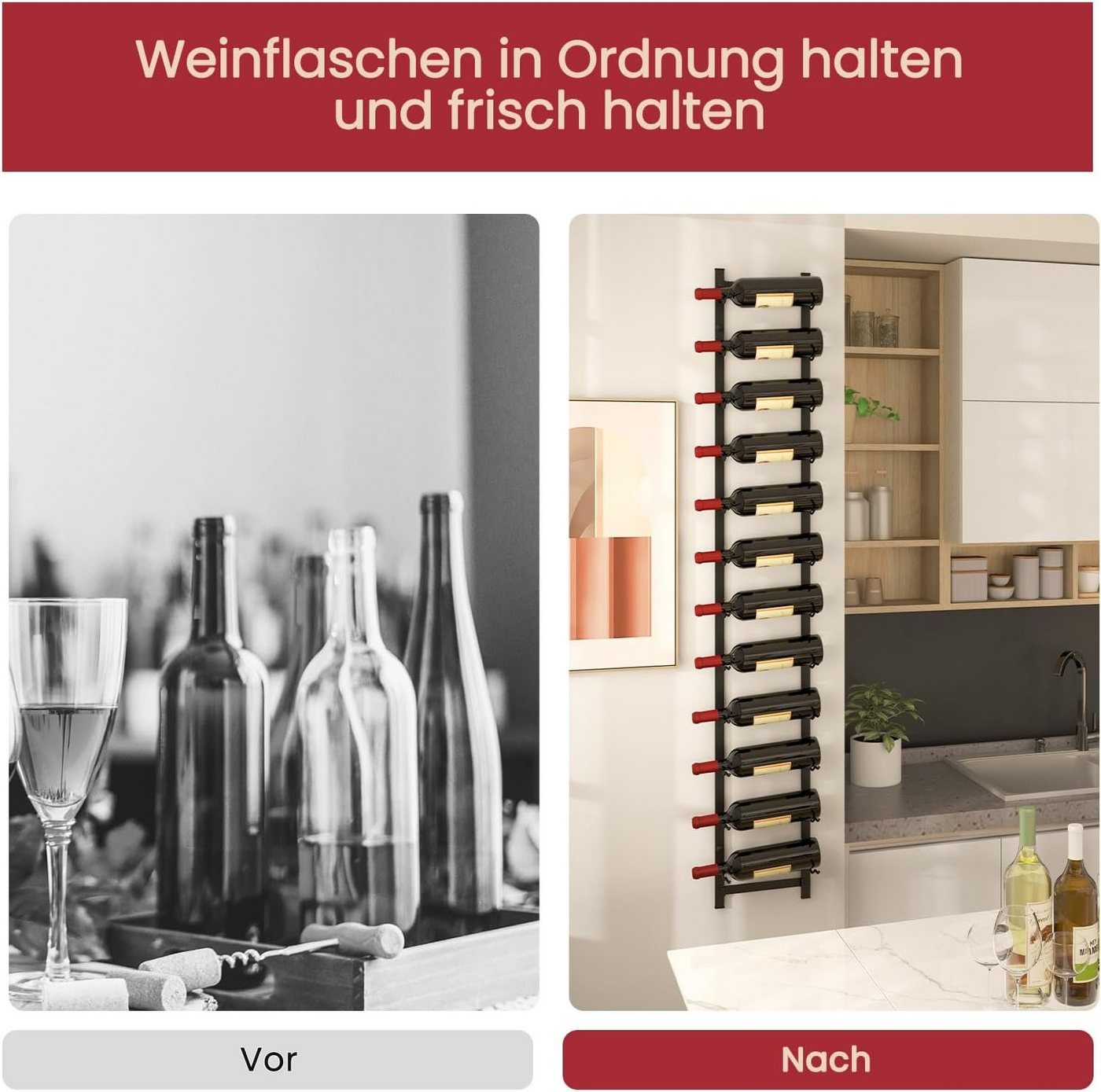 KOMFOTTEU Weinregal Wand-Weinregal, hängendes Flaschenregal, Schwarz