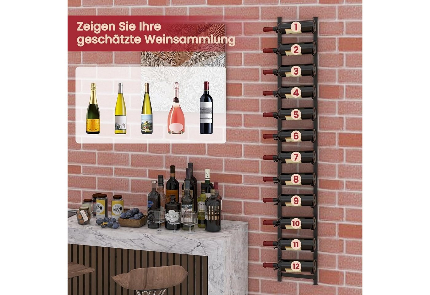 KOMFOTTEU Weinregal Wand-Weinregal, hängendes Flaschenregal, Schwarz Bild 3