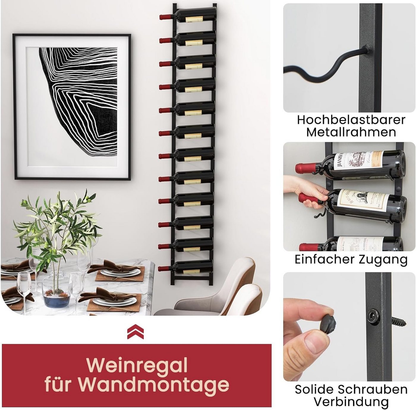 KOMFOTTEU Weinregal Wand-Weinregal, hängendes Flaschenregal, Schwarz Bild 5