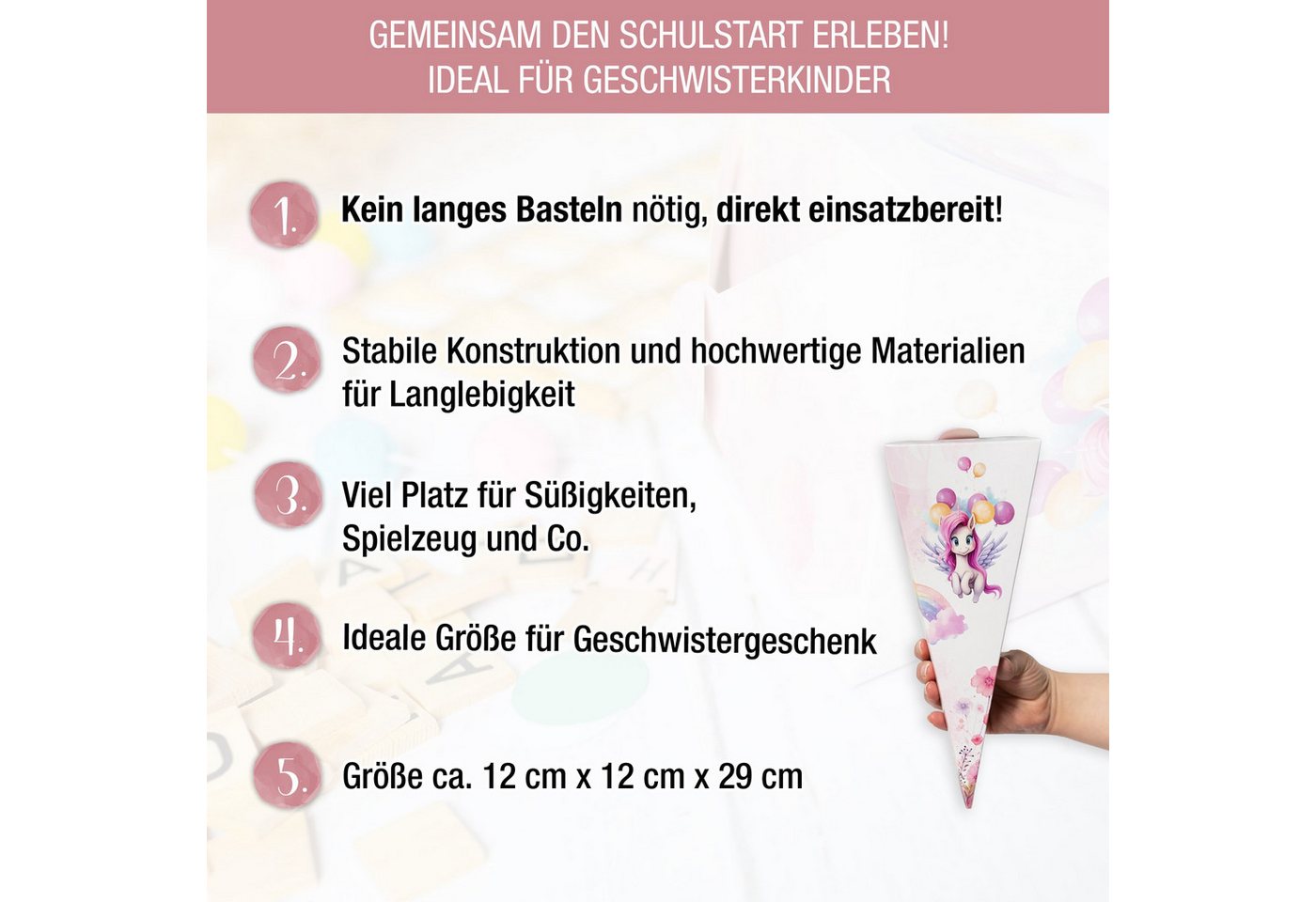 TOBJA Schultüte Kleine Geschwister Schultüte Einhorn - Zuckertüte Mädchen, Mini Schultüte im Einhorn Design Schulanfang Bild 5