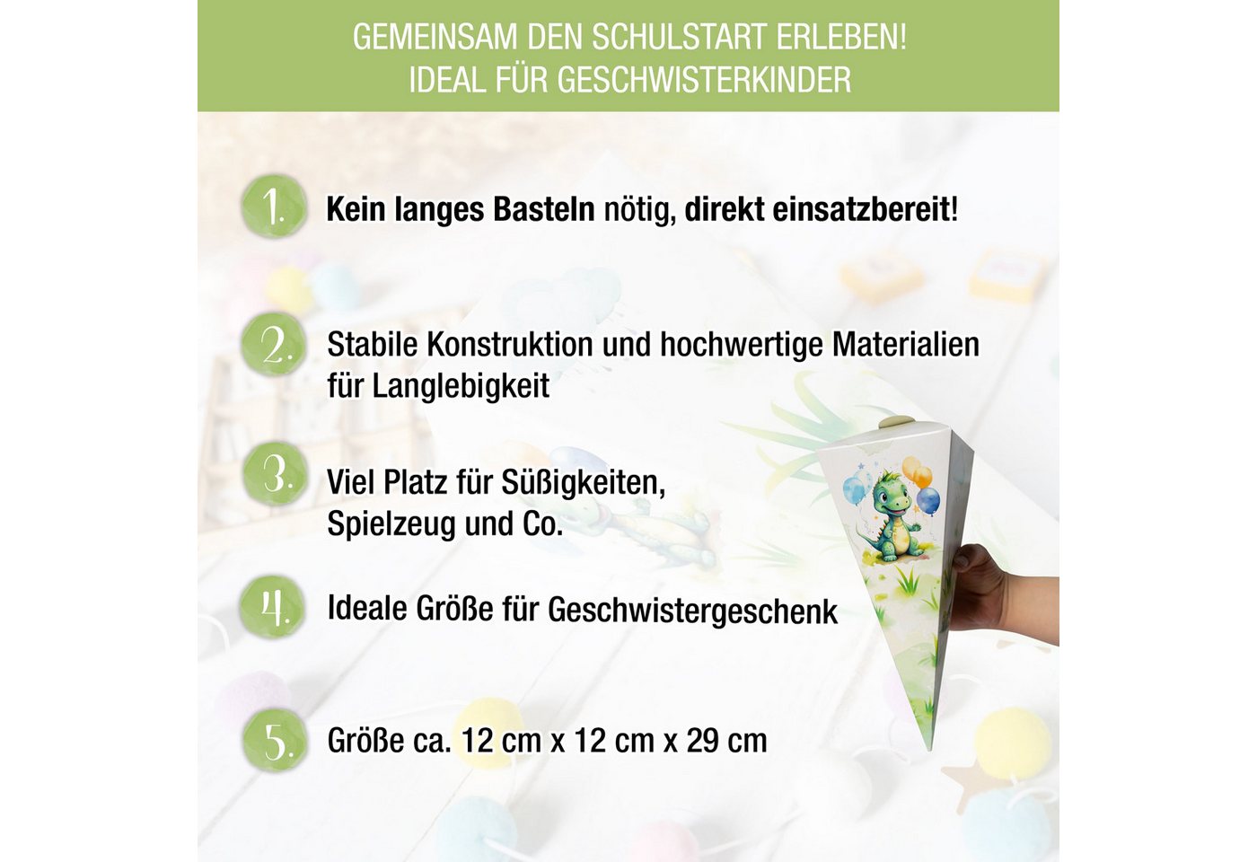 TOBJA Schultüte Kleine Geschwister Schultüte Dino - Zuckertüte Jungen oder Mädchen, Mini Schultüte im Dinosaurier Design Schulanfang Bild 4