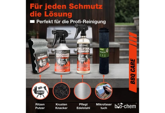 bio-chem Grillreiniger Set 4-teilig – Profi-Reinigung & Edelstahlreiniger Grillreiniger (Sparpaket, [- Rauchharz-Entferner, Edelstahl-Reiniger, Schwamm, Tuch 4-teiliges Set mit Reinigern & Zubehör)