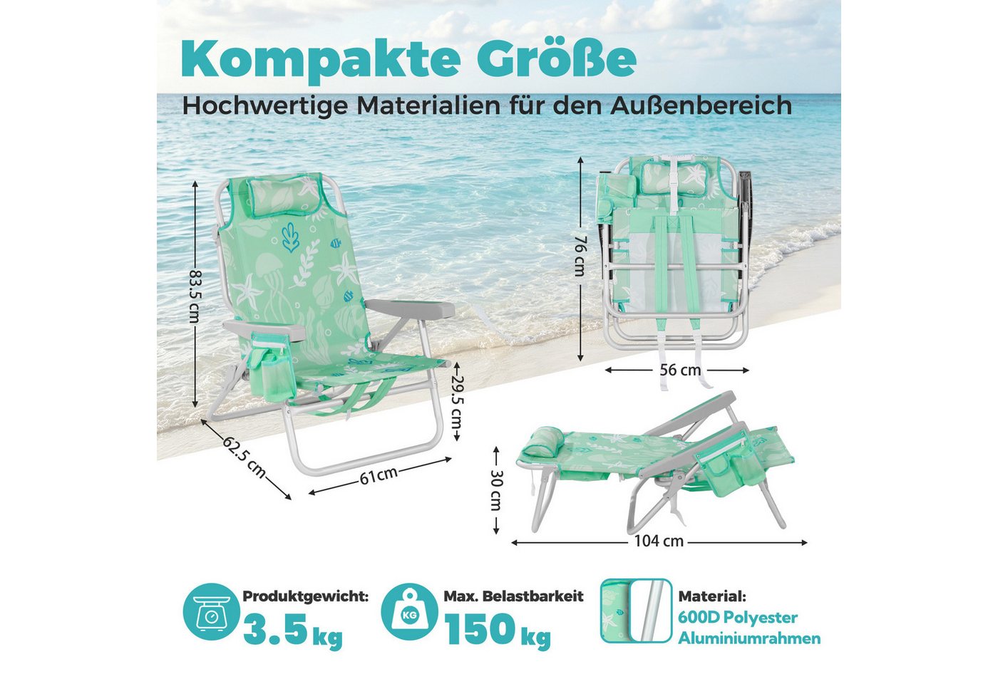 HOMECALL Klappstuhl Strandstuhl Leicht Klappbar Camping, 5-fach verstellbare Rückenlehne (Bis150KG Aluminiumrahmen, groBe Kuhitasche und Aufbewahrungstasche, 1 St), Seitentaschen, Kopfstütze, Schultergurten, Handtuchhalter