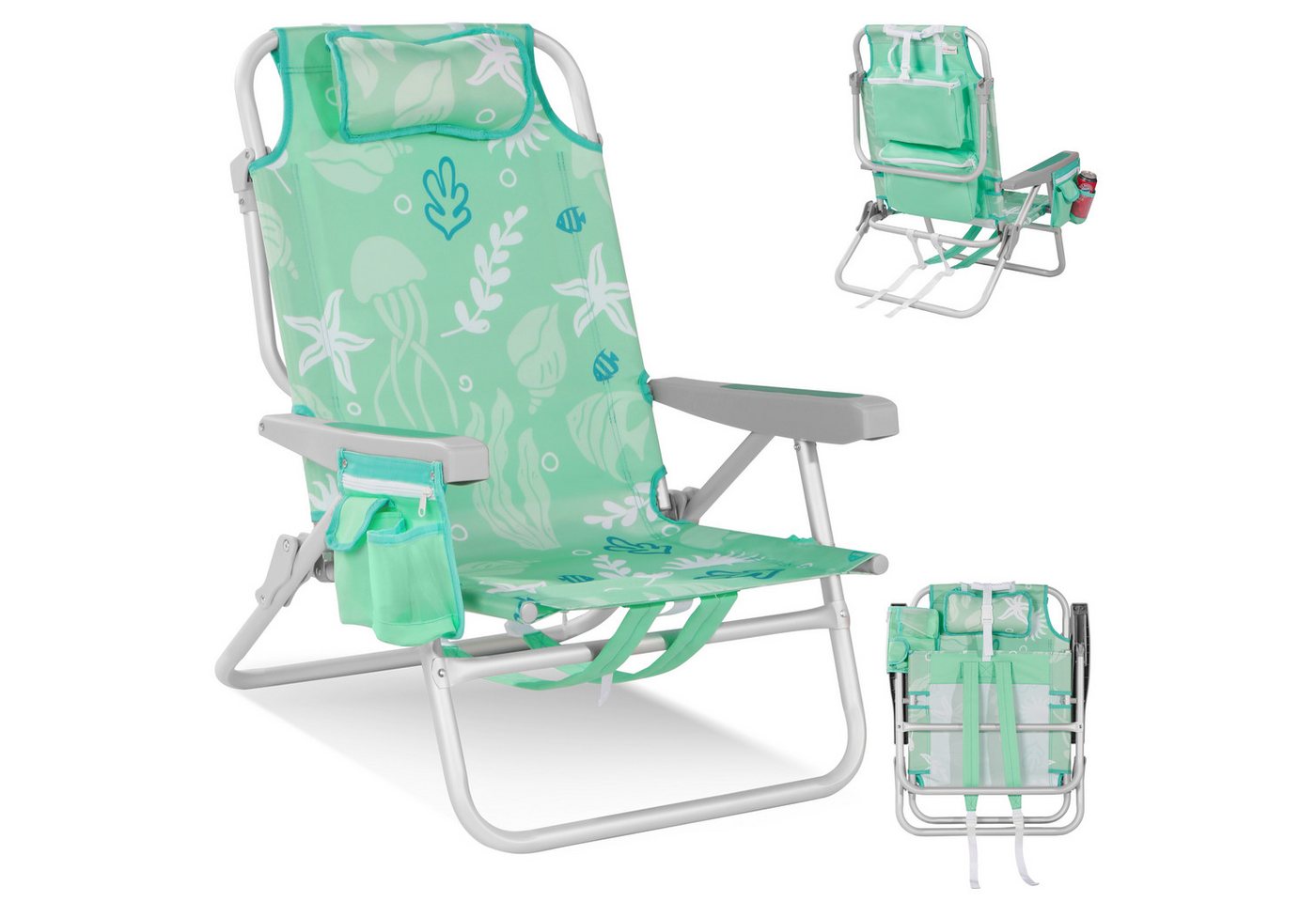 HOMECALL Klappstuhl Strandstuhl Leicht Klappbar Camping, 5-fach verstellbare Rückenlehne (Bis150KG Aluminiumrahmen, groBe Kuhitasche und Aufbewahrungstasche, 1 St), Seitentaschen, Kopfstütze, Schultergurten, Handtuchhalter Bild 2
