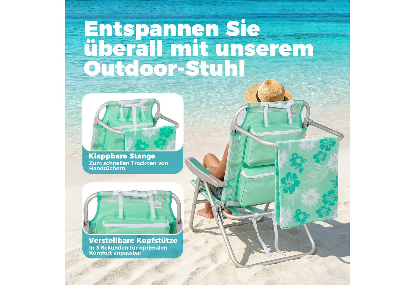 HOMECALL Klappstuhl Strandstuhl Leicht Klappbar Camping, 5-fach verstellbare Rückenlehne (Bis150KG Aluminiumrahmen, groBe Kuhitasche und Aufbewahrungstasche, 1 St), Seitentaschen, Kopfstütze, Schultergurten, Handtuchhalter Bild 3