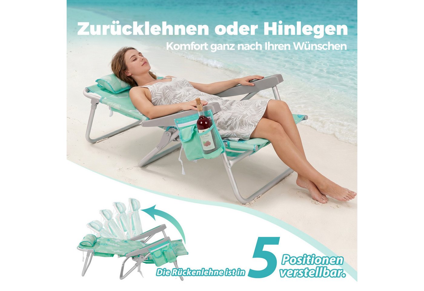HOMECALL Klappstuhl Strandstuhl Leicht Klappbar Camping, 5-fach verstellbare Rückenlehne (Bis150KG Aluminiumrahmen, groBe Kuhitasche und Aufbewahrungstasche, 1 St), Seitentaschen, Kopfstütze, Schultergurten, Handtuchhalter Bild 4