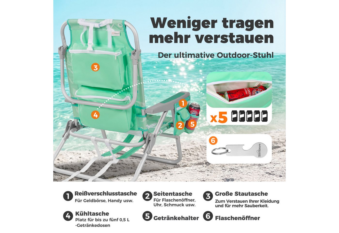 HOMECALL Klappstuhl Strandstuhl Leicht Klappbar Camping, 5-fach verstellbare Rückenlehne (Bis150KG Aluminiumrahmen, groBe Kuhitasche und Aufbewahrungstasche, 1 St), Seitentaschen, Kopfstütze, Schultergurten, Handtuchhalter Bild 5
