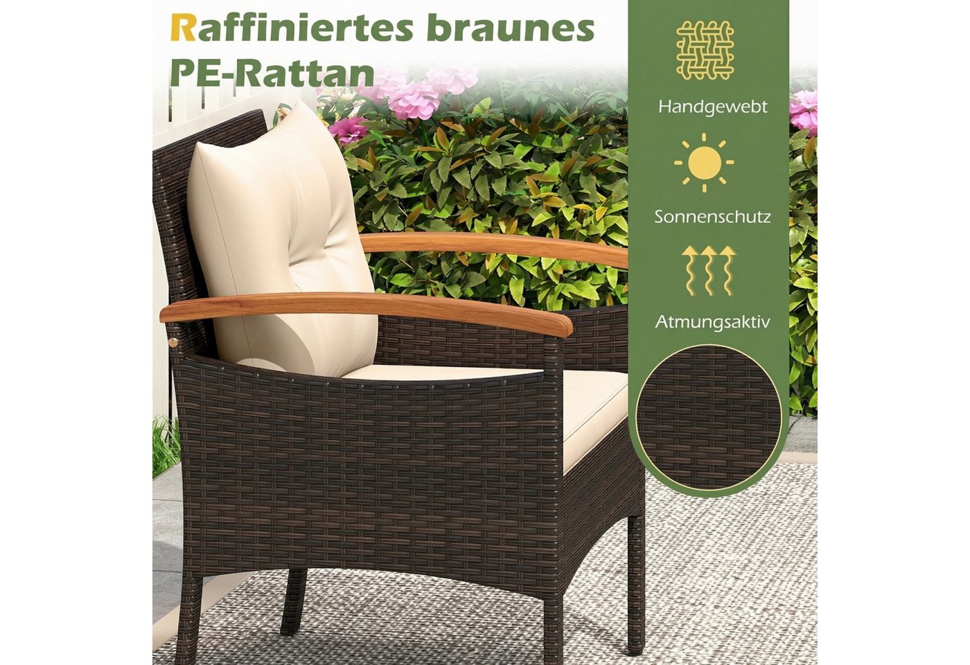 KOMFOTTEU Balkonset, aus PE-Rattan mit Kaffeetisch, aus Akazienholz