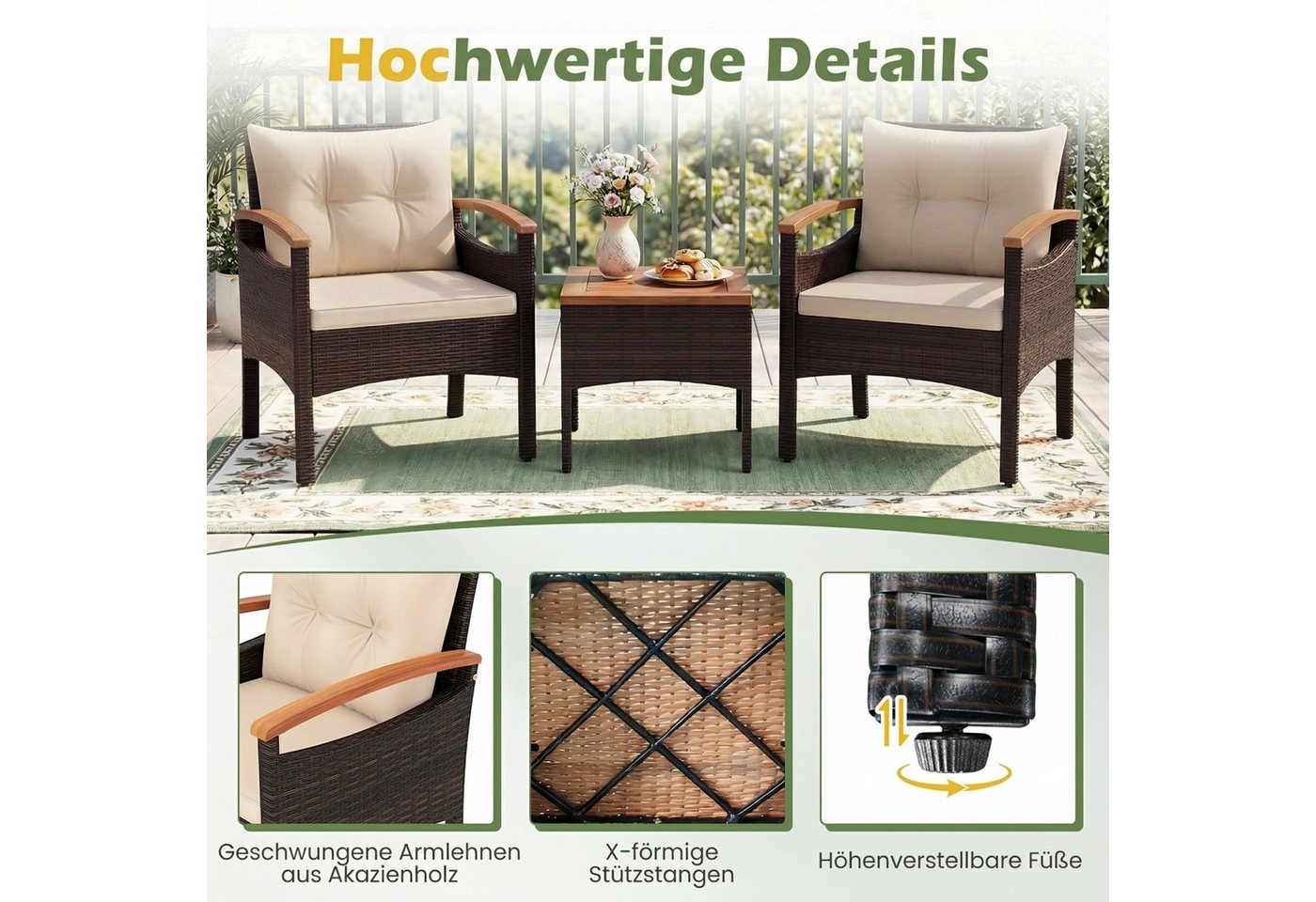 KOMFOTTEU Balkonset, aus PE-Rattan mit Kaffeetisch, aus Akazienholz Bild 2