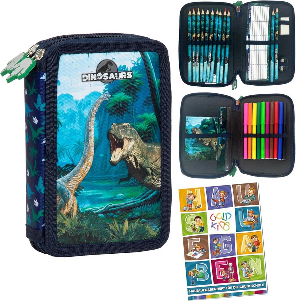 GOLDKIDS Federmäppchen 2 Fächer - Mäppchen für Mädchen und Jungen -, (Federmappe 2-Fach Federtasche Gefüllte, 1-tlg., Schüleretui 27-teilig), - Schulmäppchen und Hausaufgabenheft - Dinosaurier Motiv Bild 3