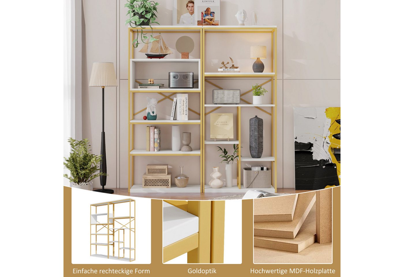 STILVORA Bücherregal Regal Wohnzimmer Standregal Büroregal Weiß+Gold leicht zu reinigen