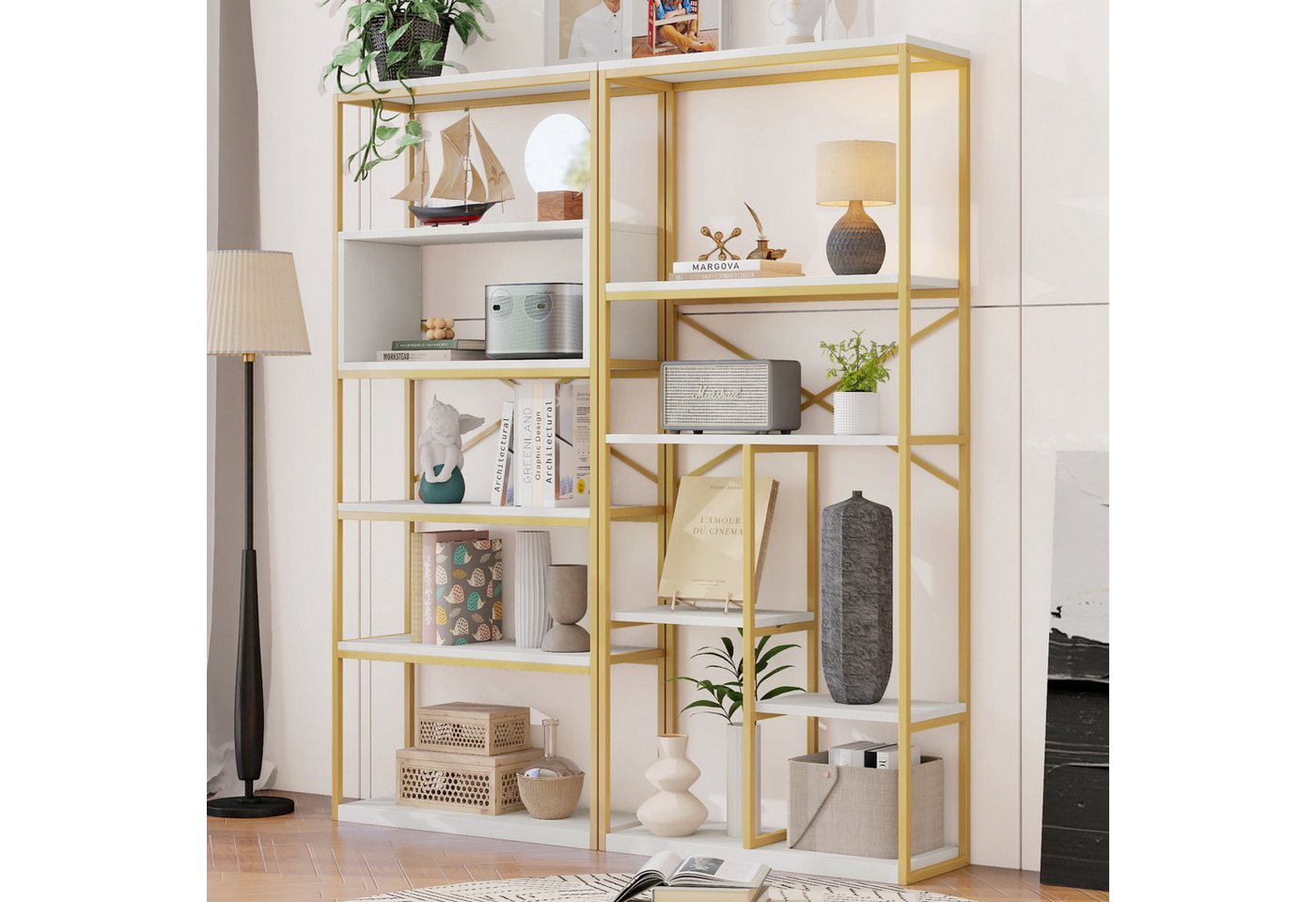STILVORA Bücherregal Regal Wohnzimmer Standregal Büroregal Weiß+Gold leicht zu reinigen Bild 2