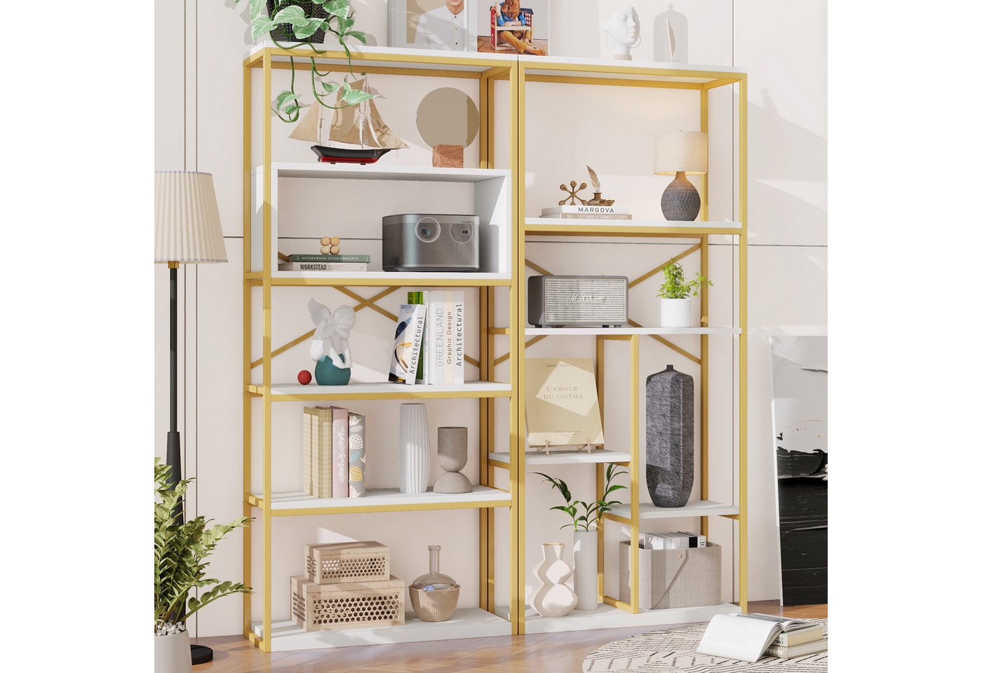 STILVORA Bücherregal Regal Wohnzimmer Standregal Büroregal Weiß+Gold leicht zu reinigen Bild 3