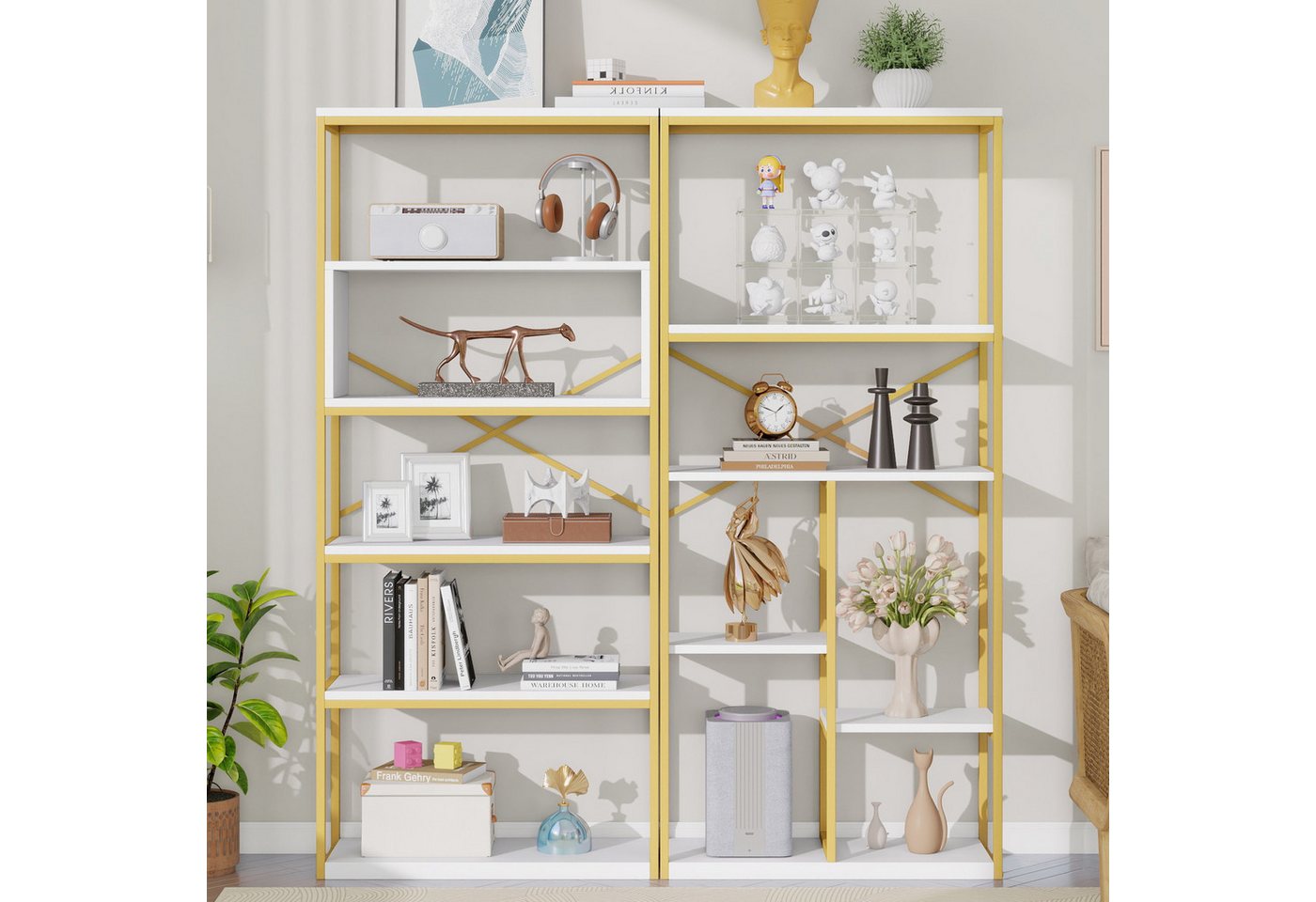 STILVORA Bücherregal Regal Wohnzimmer Standregal Büroregal Weiß+Gold leicht zu reinigen Bild 4