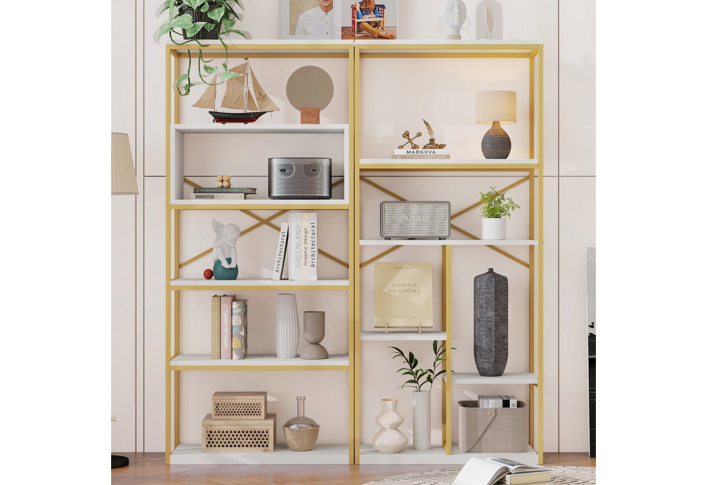 STILVORA Bücherregal Regal Wohnzimmer Standregal Büroregal Weiß+Gold leicht zu reinigen Bild 5