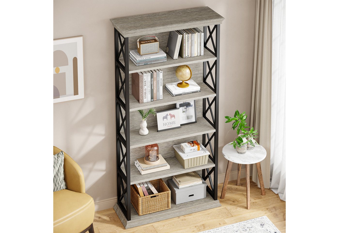 Tribesigns Bücherregal 5-stöckiges industrielles Standregal,Holz und Metall, 180cm Lagerregal