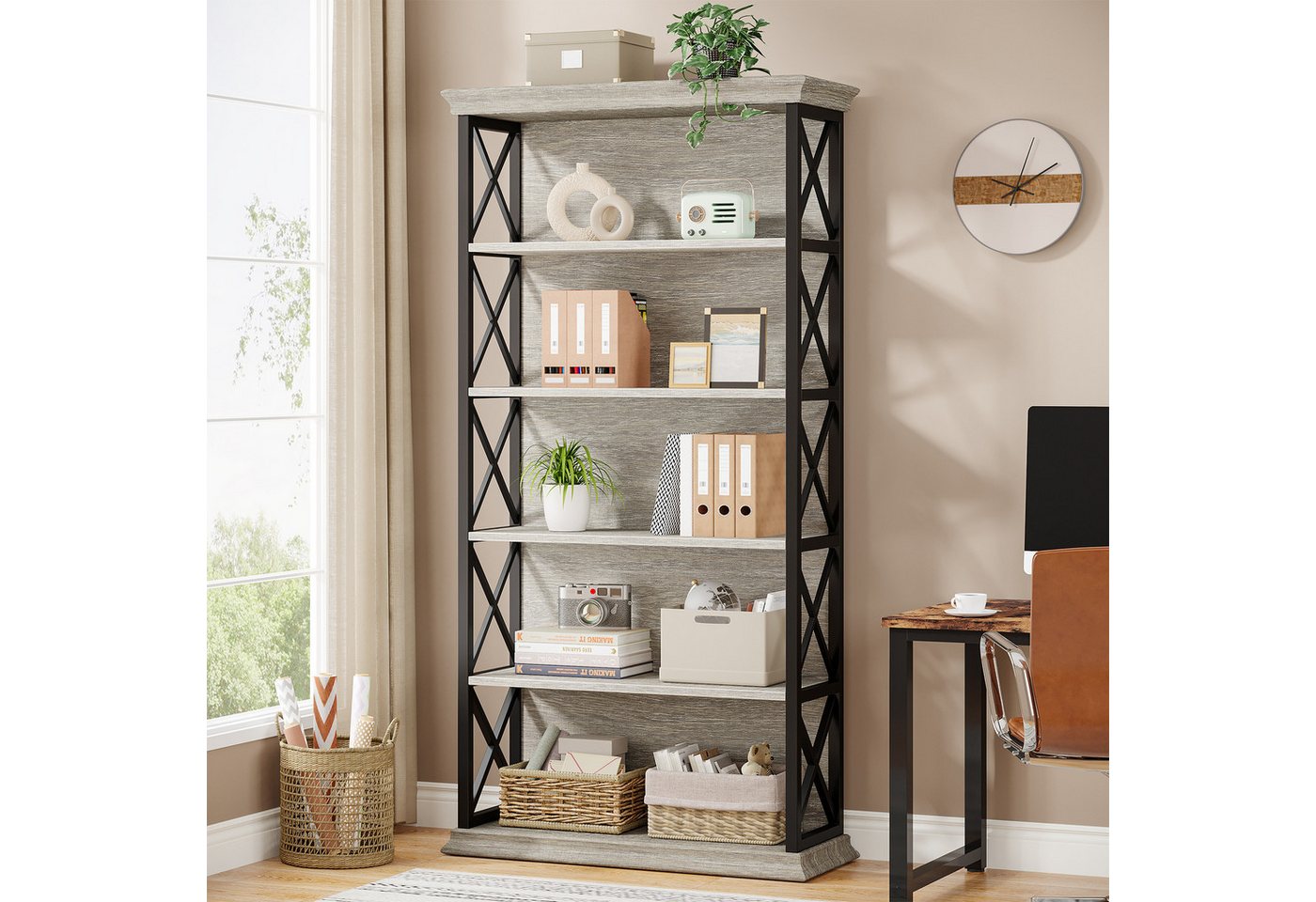 Tribesigns Bücherregal 5-stöckiges industrielles Standregal,Holz und Metall, 180cm Lagerregal Bild 5