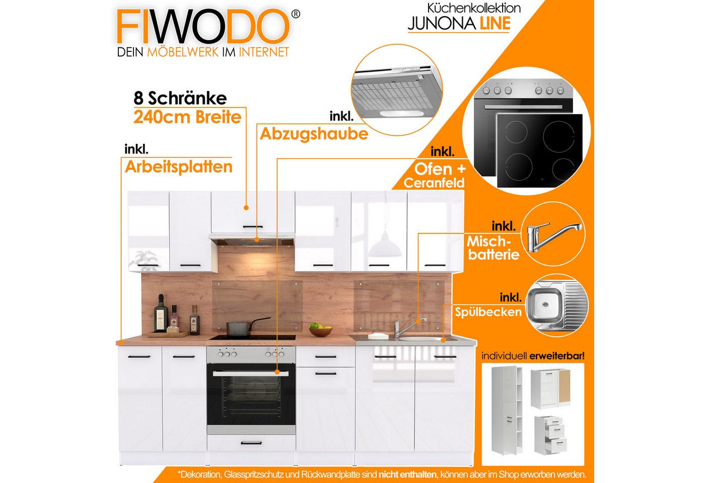 FIWODO.de - Dein Möbelwerk im Internet Küche Küchenzeile 240cm mit Elektrogeräten komplett Spülbecken Arbeitsplatte, (Set), mit E-Geräten, Breite 240cm, mit Spülbecken, mit Arbeitsplatte