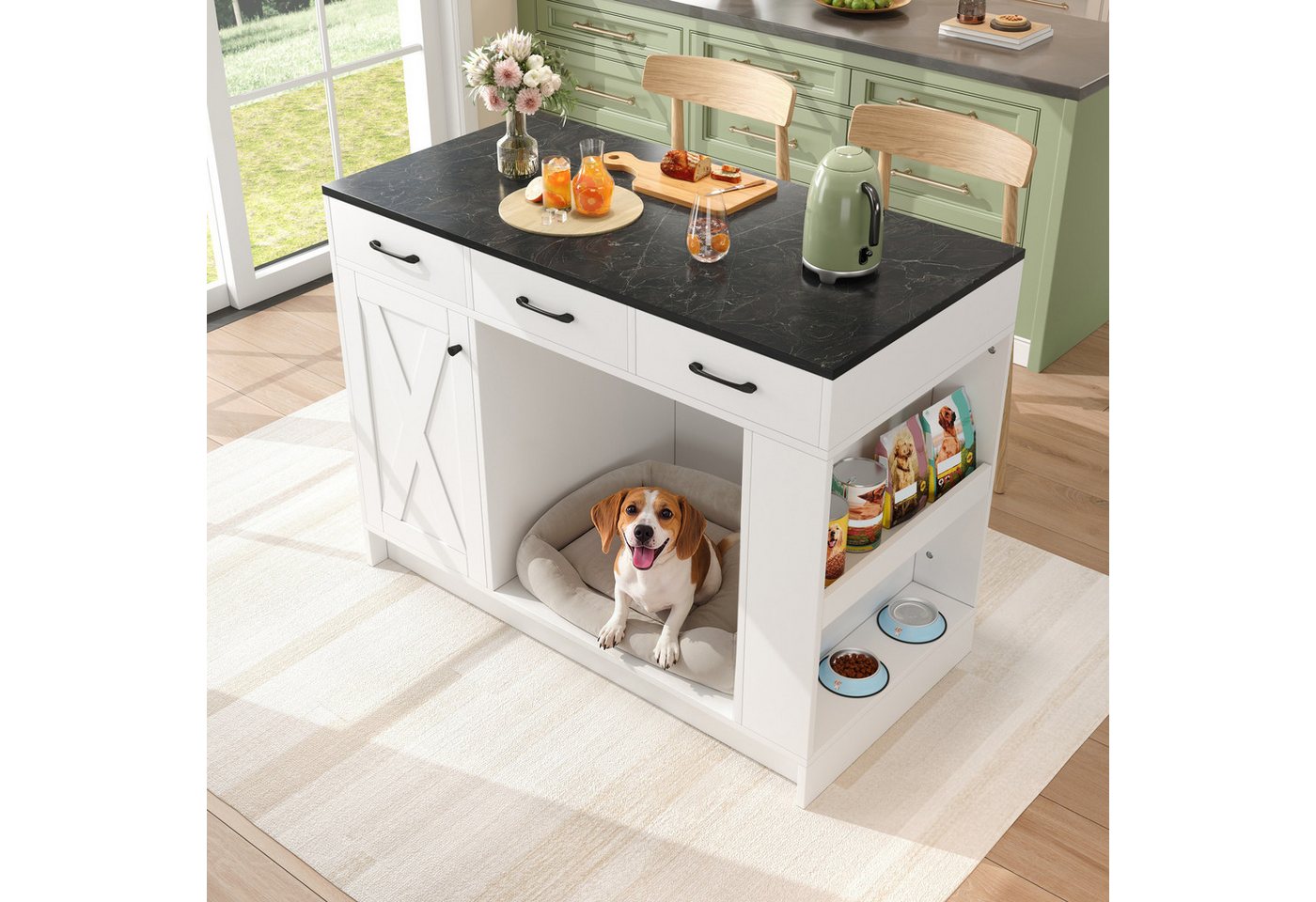 STILVORA Kücheninsel mit arbeitsplatte Küchenschrank mit verstellbare Regalplatte, Schwarz, (Kücheninsel 120×60×90cm mit Schubladen, Regal, Haustierbereich), für Küche, Esszimmer, Wohnzimmer, Haustierbereich Bild 2