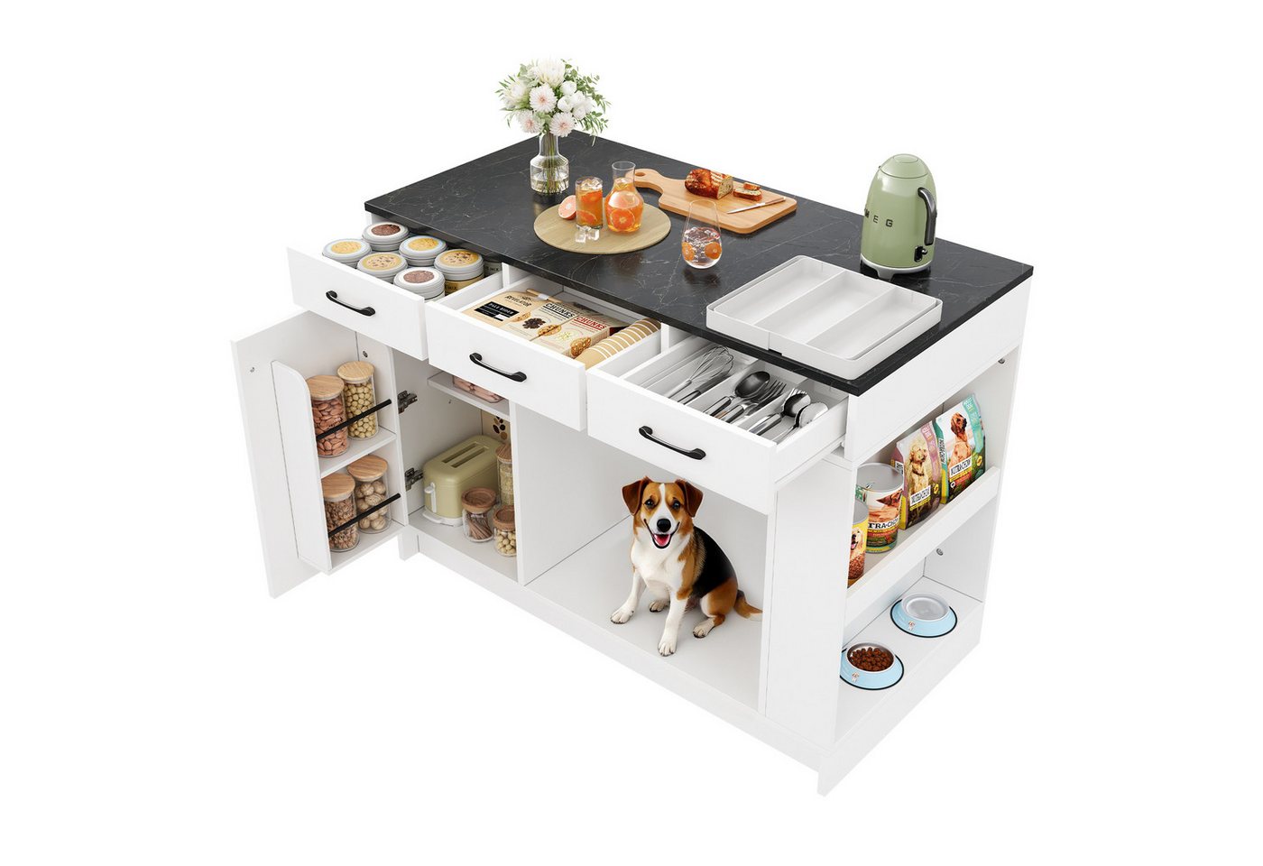 STILVORA Kücheninsel mit arbeitsplatte Küchenschrank mit verstellbare Regalplatte, Schwarz, (Kücheninsel 120×60×90cm mit Schubladen, Regal, Haustierbereich), für Küche, Esszimmer, Wohnzimmer, Haustierbereich Bild 3