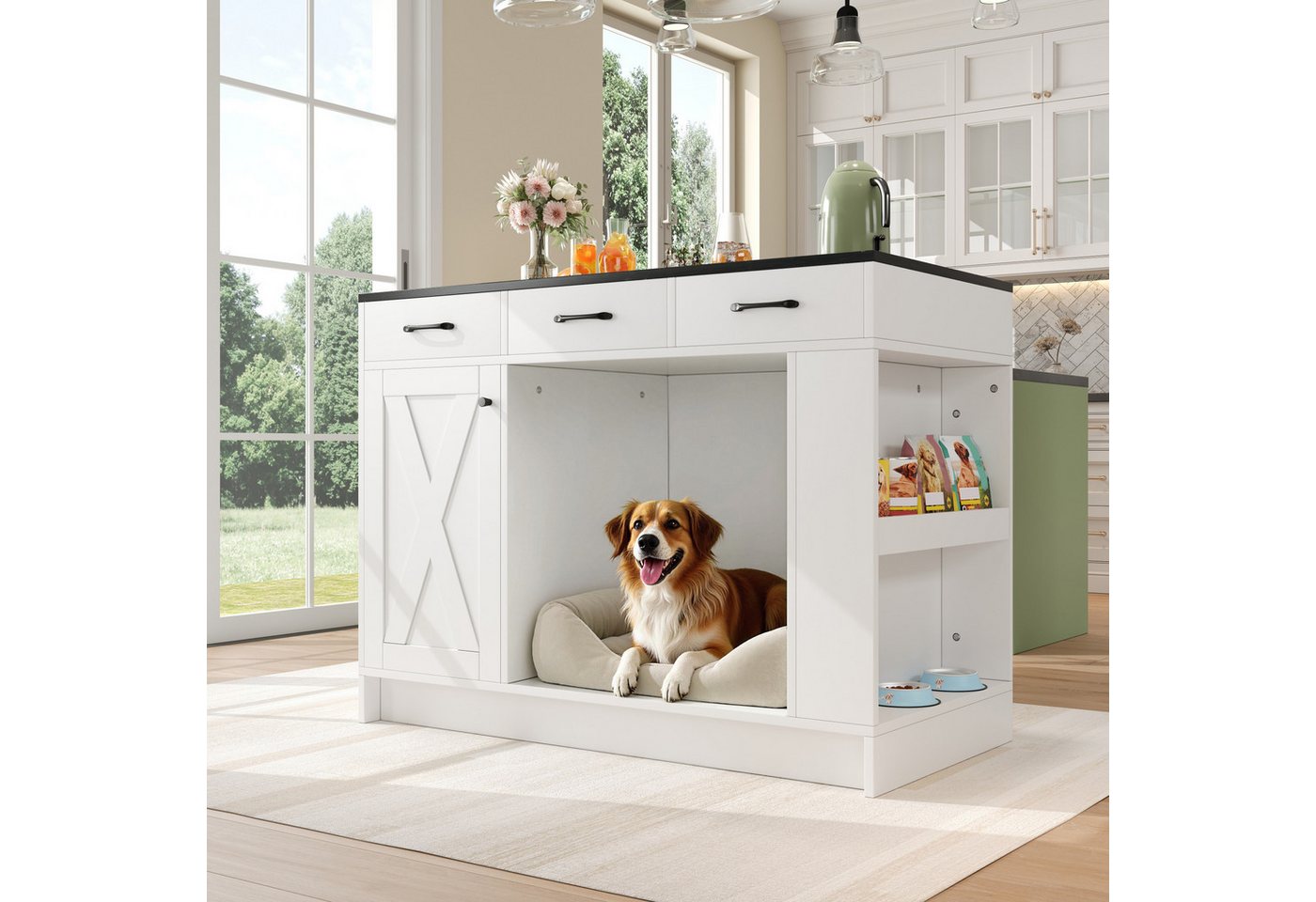 STILVORA Kücheninsel mit arbeitsplatte Küchenschrank mit verstellbare Regalplatte, Schwarz, (Kücheninsel 120×60×90cm mit Schubladen, Regal, Haustierbereich), für Küche, Esszimmer, Wohnzimmer, Haustierbereich Bild 4