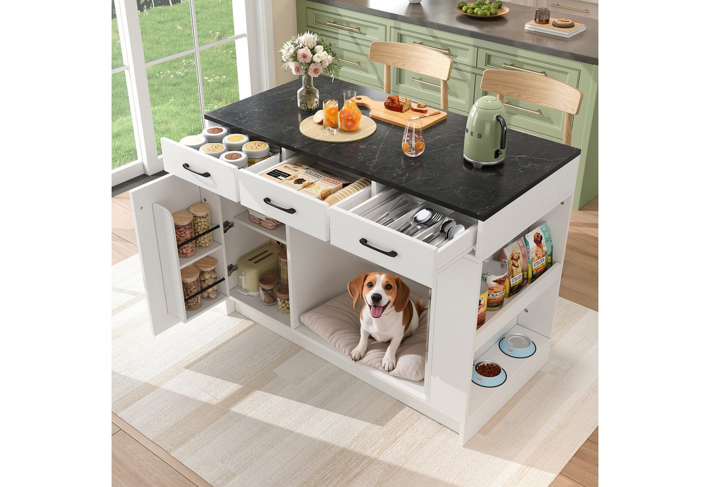 STILVORA Kücheninsel mit arbeitsplatte Küchenschrank mit verstellbare Regalplatte, Schwarz, (Kücheninsel 120×60×90cm mit Schubladen, Regal, Haustierbereich), für Küche, Esszimmer, Wohnzimmer, Haustierbereich Bild 5