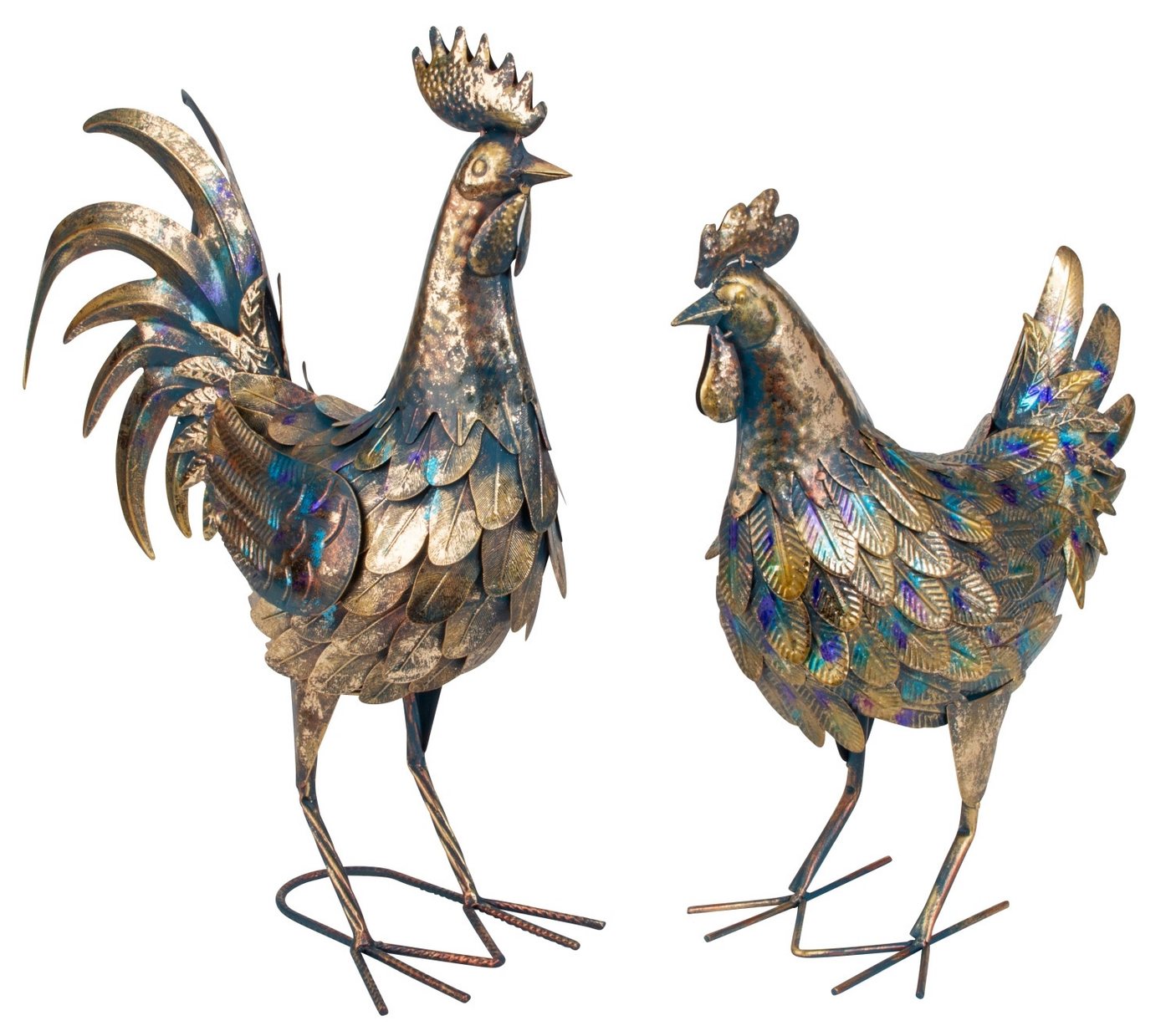 MF Gartenfigur Metall Hahn Henne Bauernhofstil blau gold Gartendeko 2er Set, (2 St)