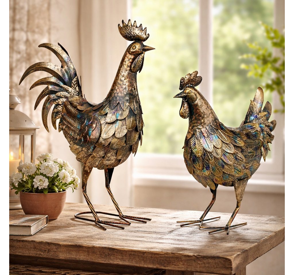 MF Gartenfigur Metall Hahn Henne Bauernhofstil blau gold Gartendeko 2er Set, (2 St) Bild 2