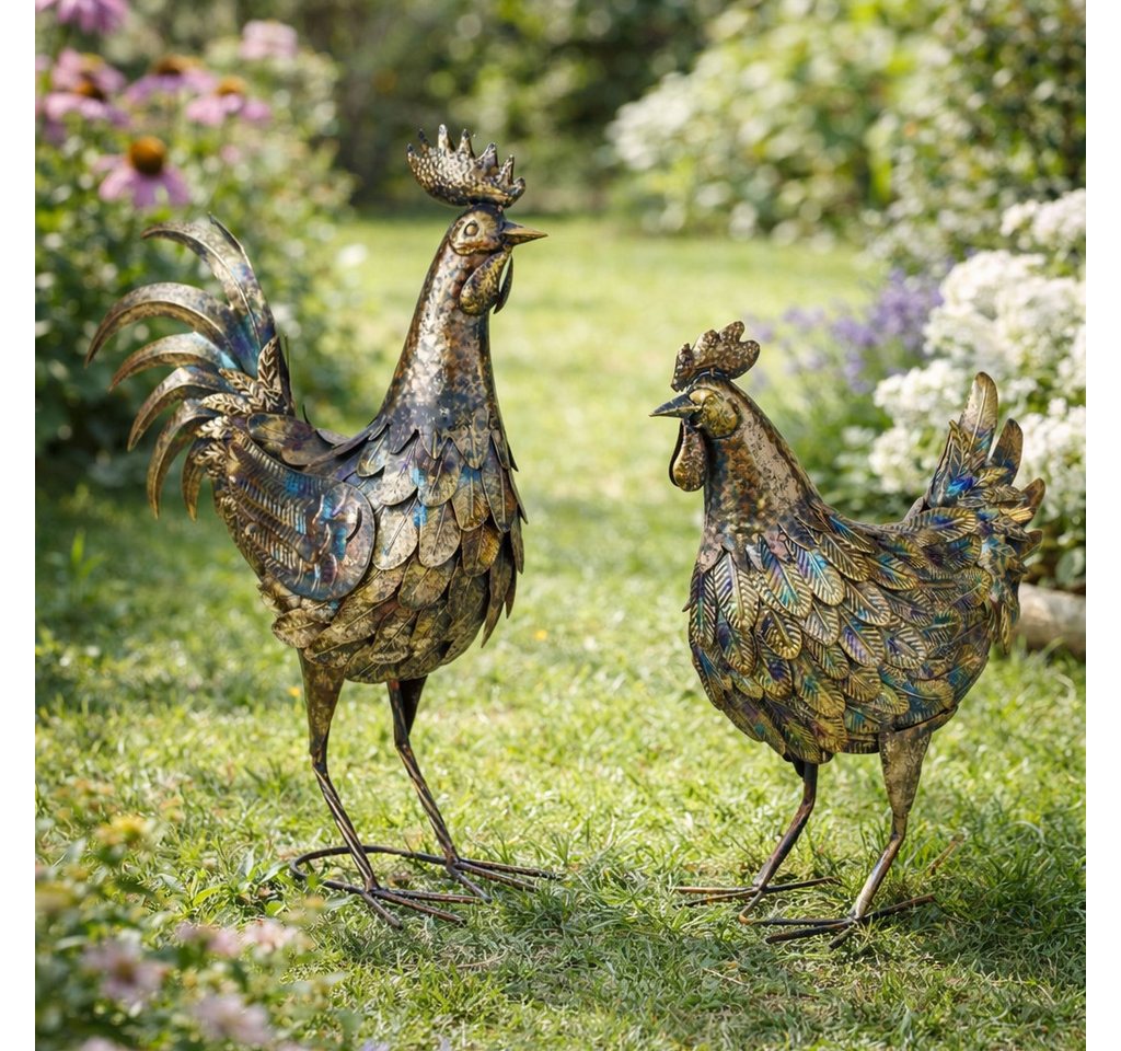 MF Gartenfigur Metall Hahn Henne Bauernhofstil blau gold Gartendeko 2er Set, (2 St) Bild 4