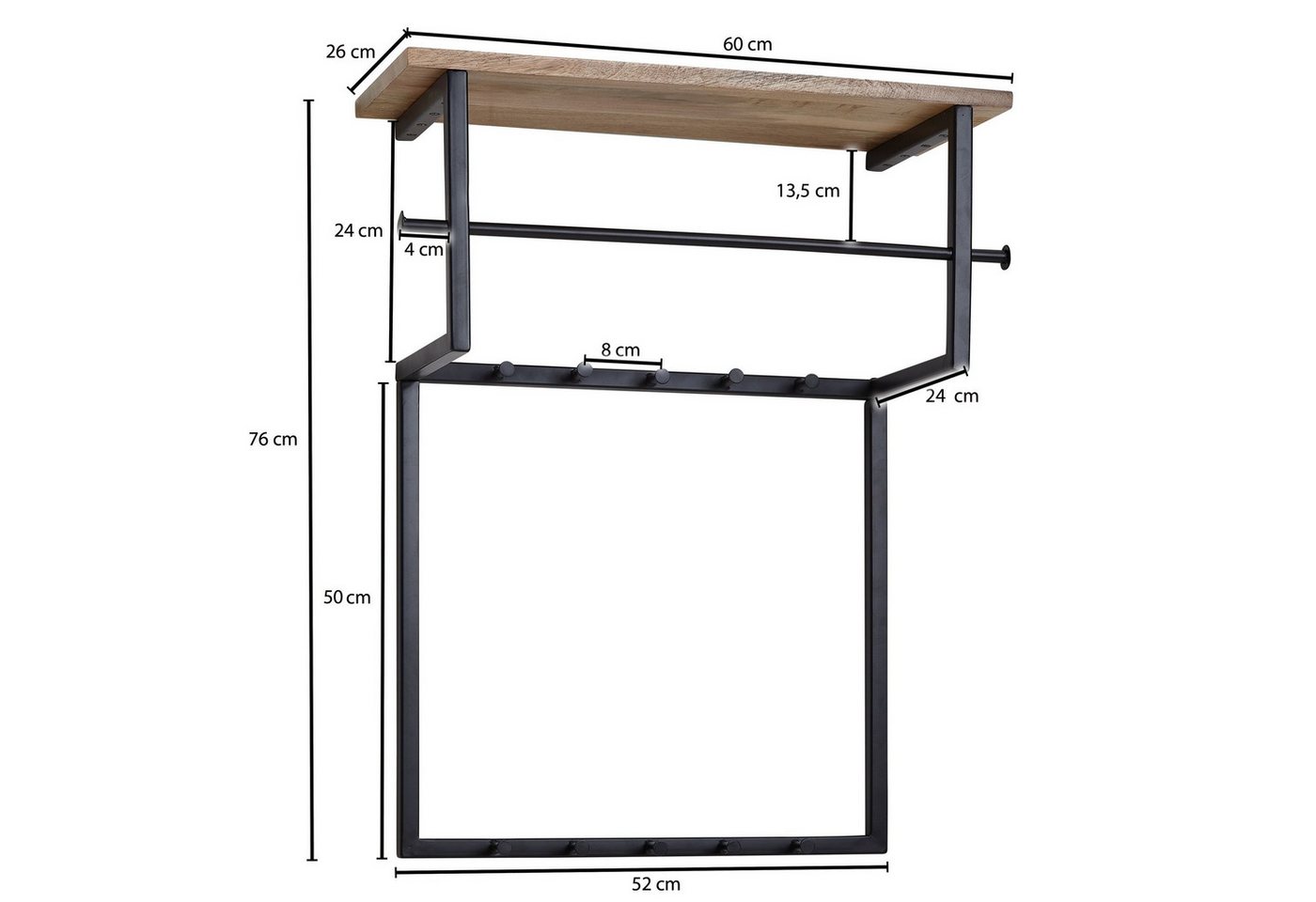 furnicato Garderobe Wandgarderobe Vollholz Metall 60x76x26 cm Braun Schwarz (1 St), Hakenleiste mit Ablagefläche und Kleiderstange für dein Flurdesign